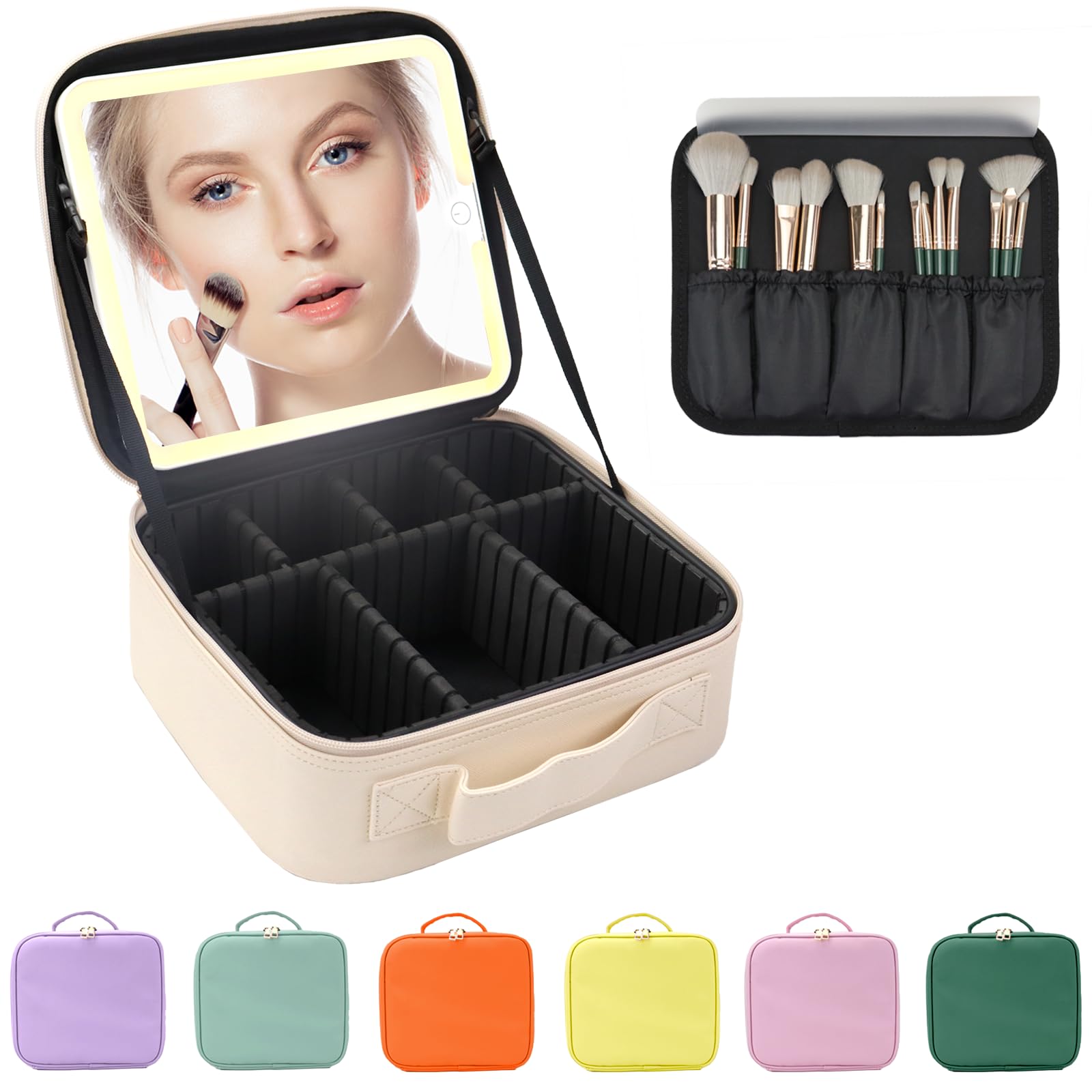 MORMID Makeup Bag with Led Mirror,Large Vanity Makeup Cases with 3 Color Setting,Portable Storage and Adjustable Dividers,for Women and Makeup Artists