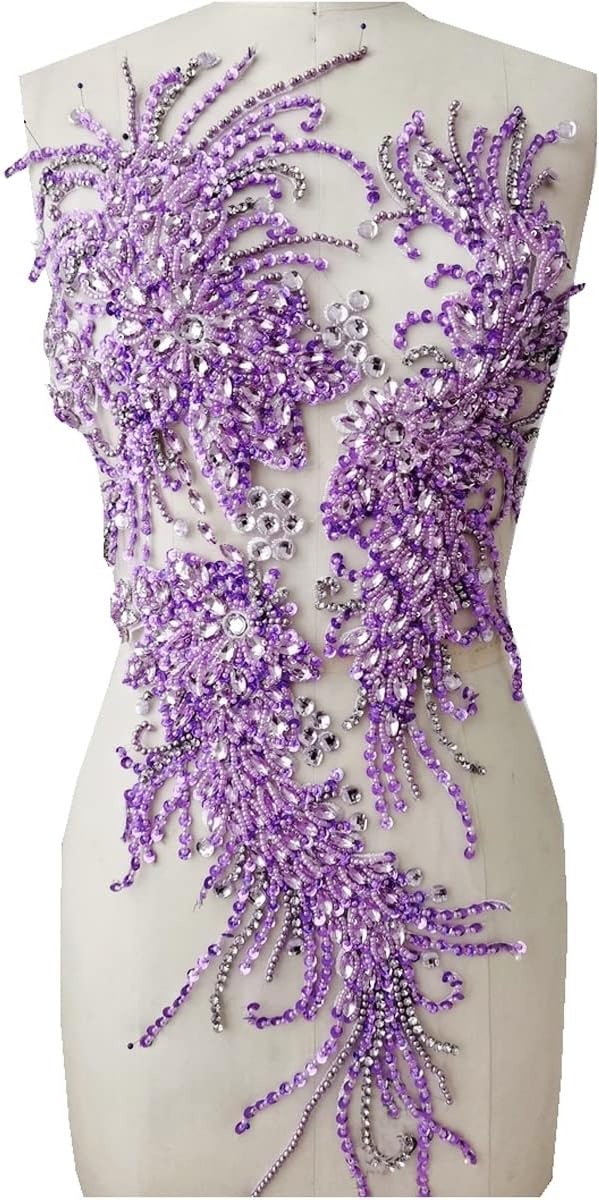 Handmade Rhinestones lace Applique handsewing Beads Sequins Trim Patches for Dress Clothes Accessories (Light Purple)