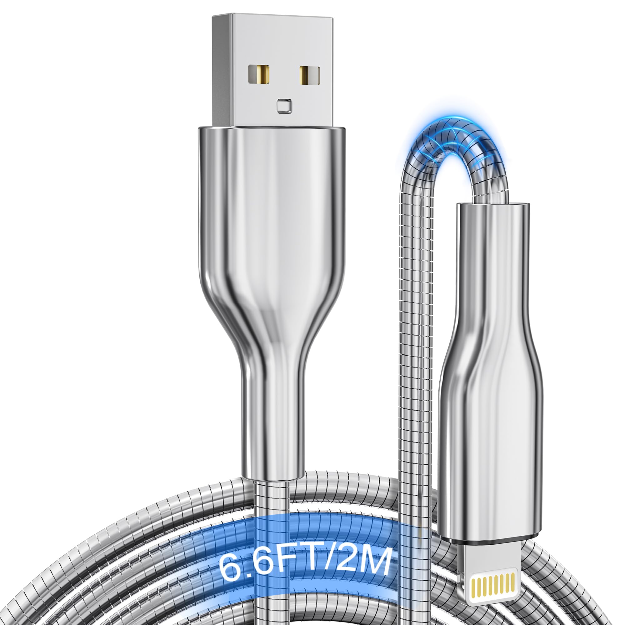 Cable de carga para iPhone a prueba de masticación, cable USB a Lightning certificado MFi, cable de carga trenzado de metal plateado para iPhone con carga rápida de 3 A, compatible con iPhone 14/13/12