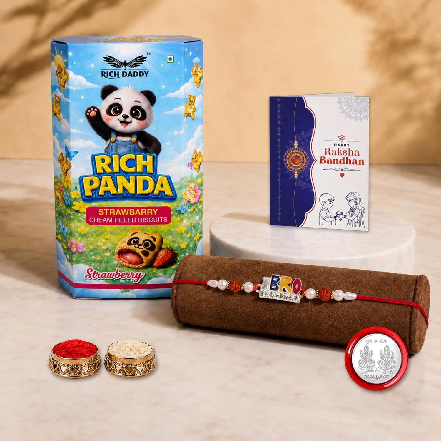 Garth 7 Color Multicolor Rakhi for Brother & Bhaiya with Strawberry Cream Filled Biscuit 60gm - Raksha Bandhan Gift Set with Roli Tikka, Pooja Coin & Greeting Card, Pack of 5 (931)-image-41