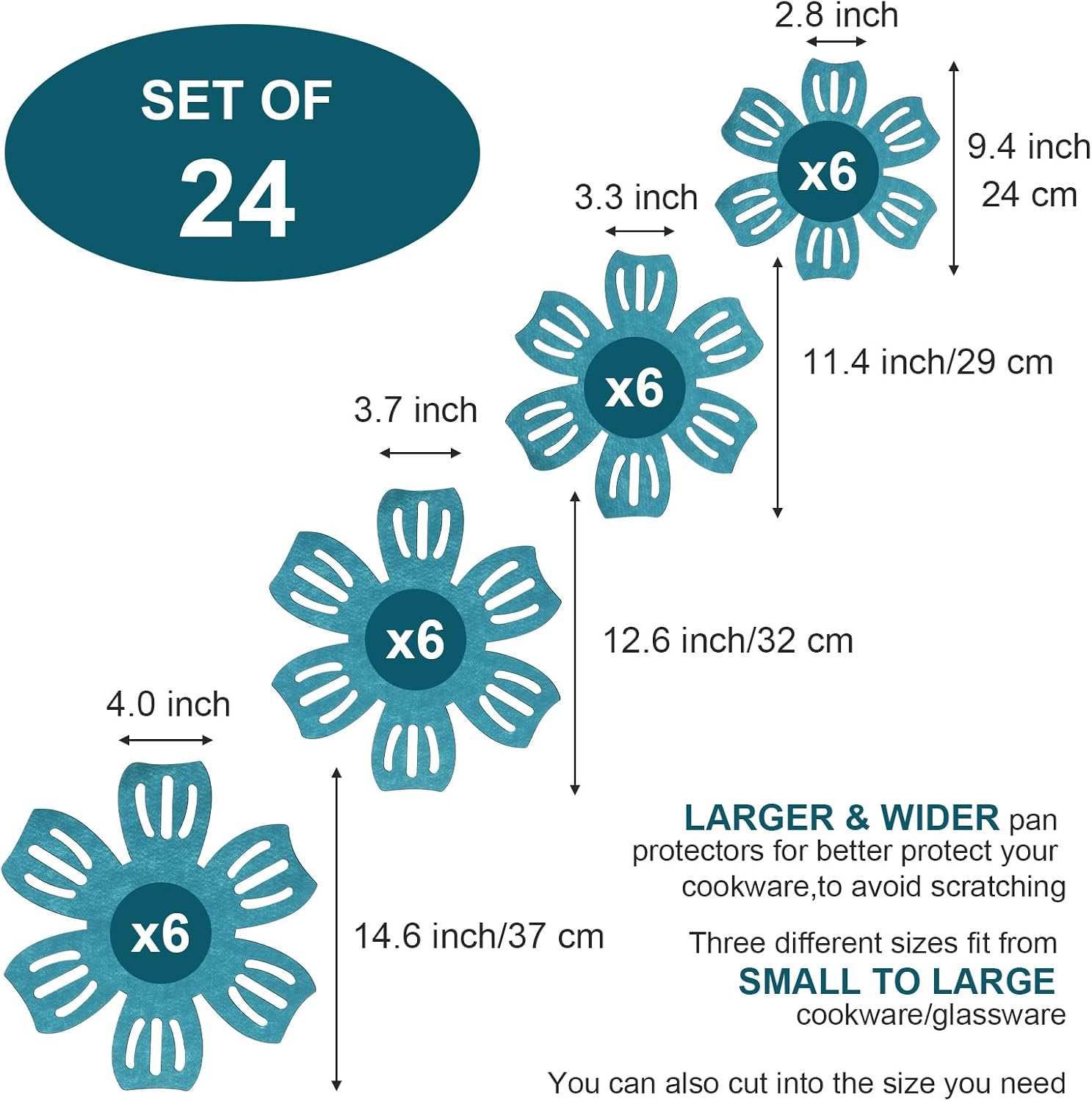 24 Pack Pot and Pan Protectors, 4 Different Size Pans Separator, Anti-Slip Pan Dividers Pads, Felt Cookware Protector Set for Stacking and Protecting Your Cookware, Set of 24, Cyan