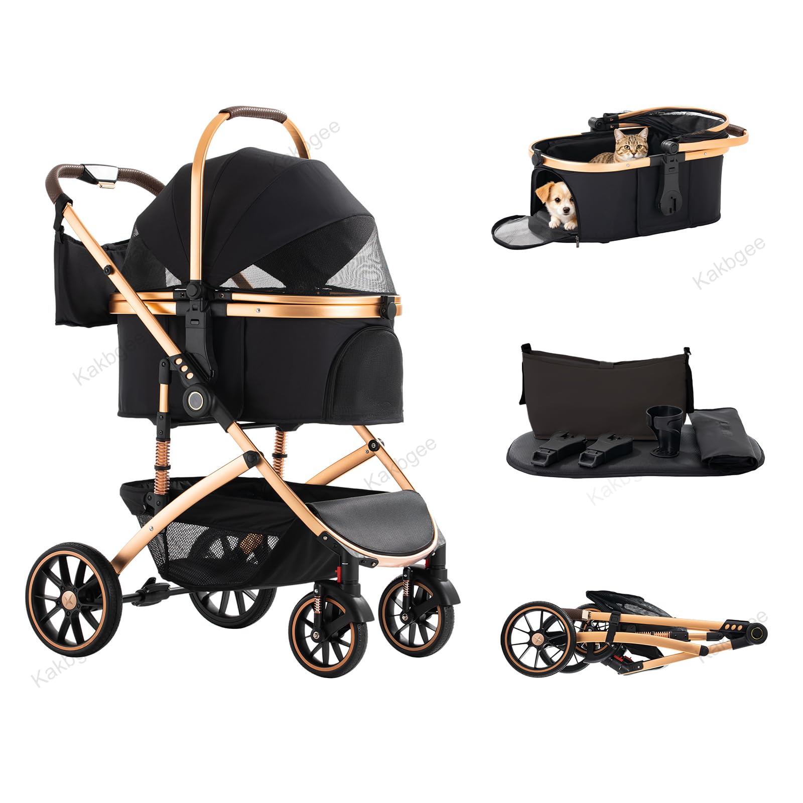 Kakbgee Foldable Dog Stroller, Pet Pram for Small Medium Dogs Cats, One-Click Folding Buggy, Detachable Carrier with Mesh Window, Washable Pad, Safety Leash, 9" PU Wheels, One-Foot Brake, 22KG, Black