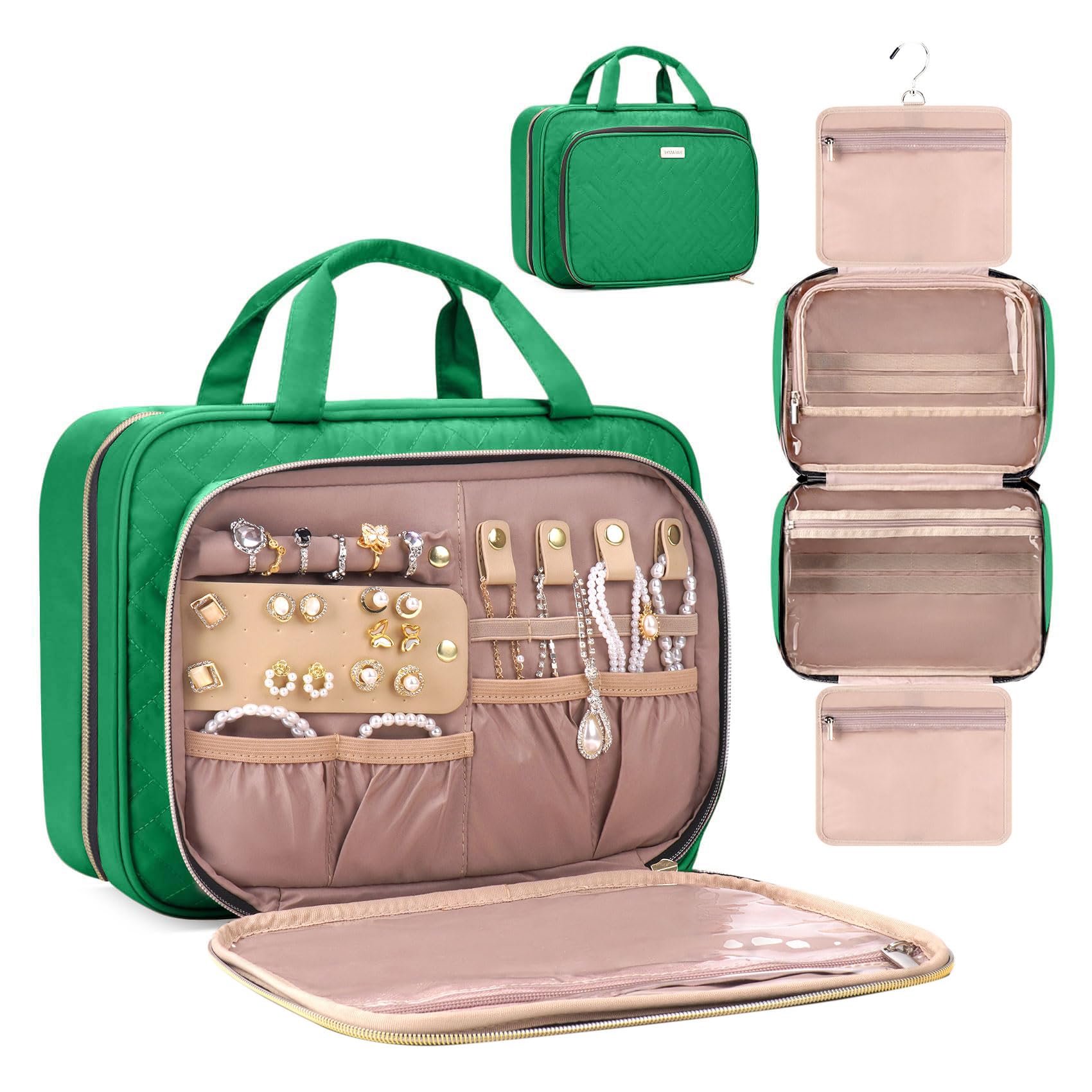 BAFAMYE Toiletry Bag for Women with Jewelry Organizer Compartment, Travel Makeup Cosmetic Bag with Hanging Hook for Full-sized Toiletries, Shampoo -