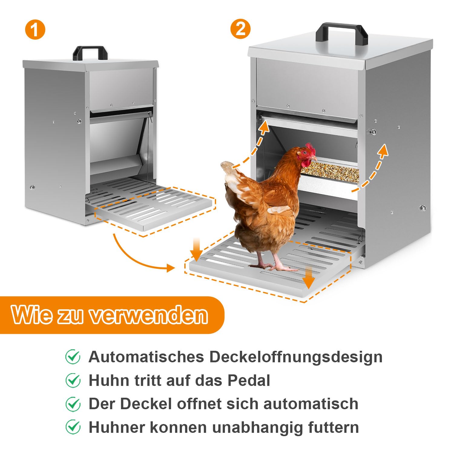 Comedero automático para pollos con placa de estribo, tapa, 5 kg, galvanizado, resistente al agua, comedero para pollos, 2 comederos a prueba de ratas, comedero automático para gallinas
