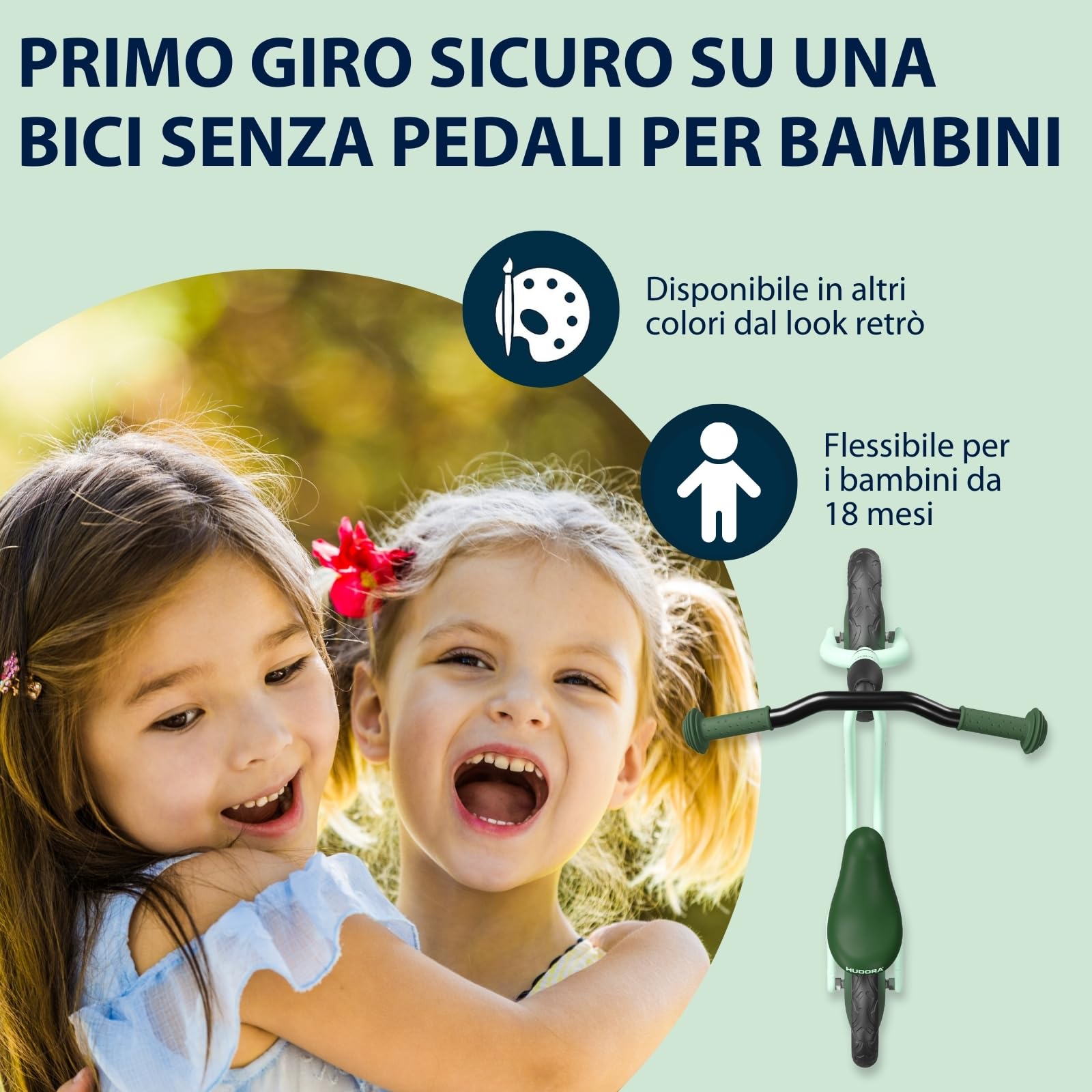 Hudora Bicicletta Cruisy in mint - Bicicletta senza pedali da 15 mesi - Bicicletta leggera con sellino regolabile - Bicicletta per bambini da 78-100 cm - Bici robusta per bambini