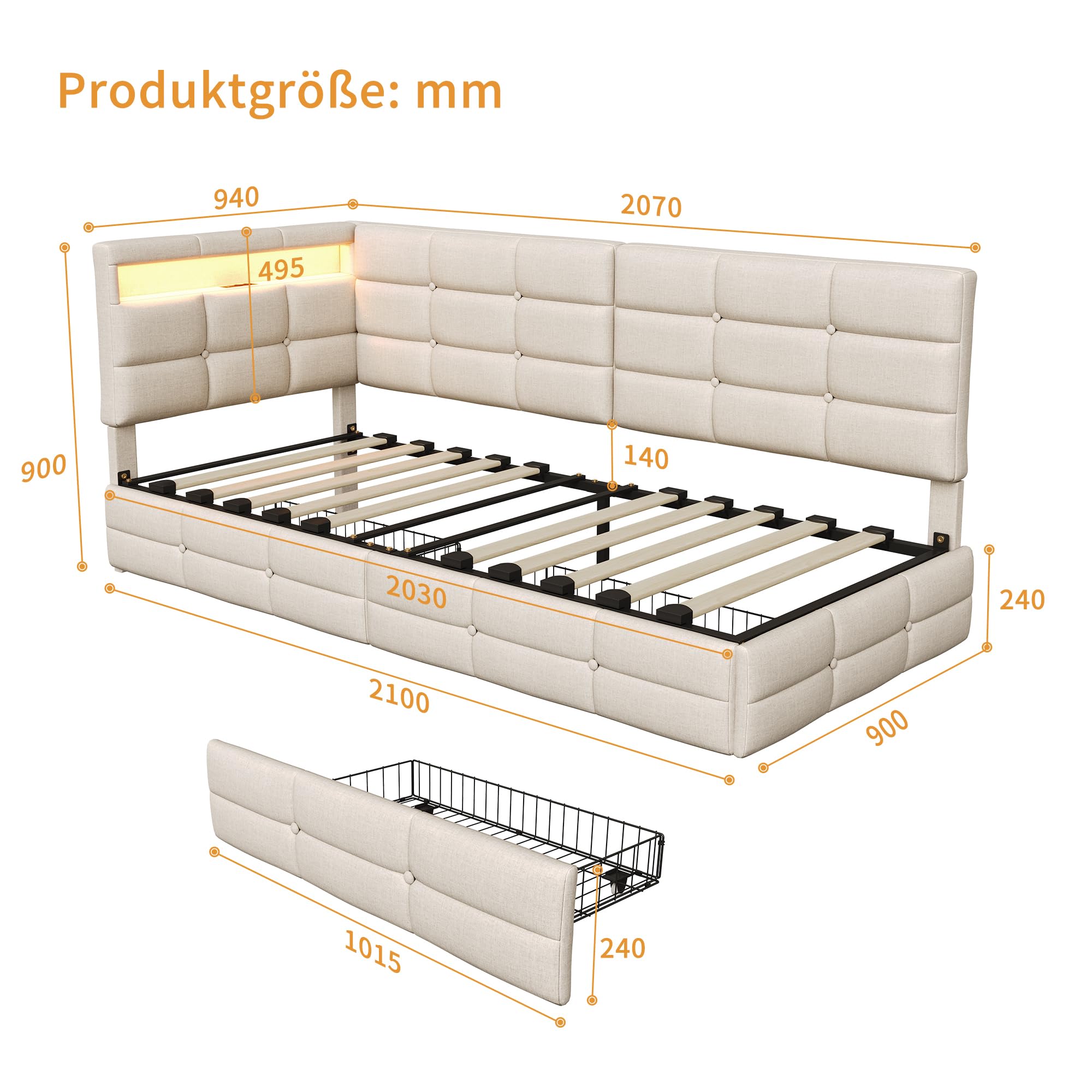 Polsterbett Schlafsofa 90x200 mit LED-Beleuchtung & USB-Ladestation, Jugendbett Tagesbett mit Stauraum & 2 Schubladen, Gästebett Bettgestell mit Lattenrost, Leinen Beige