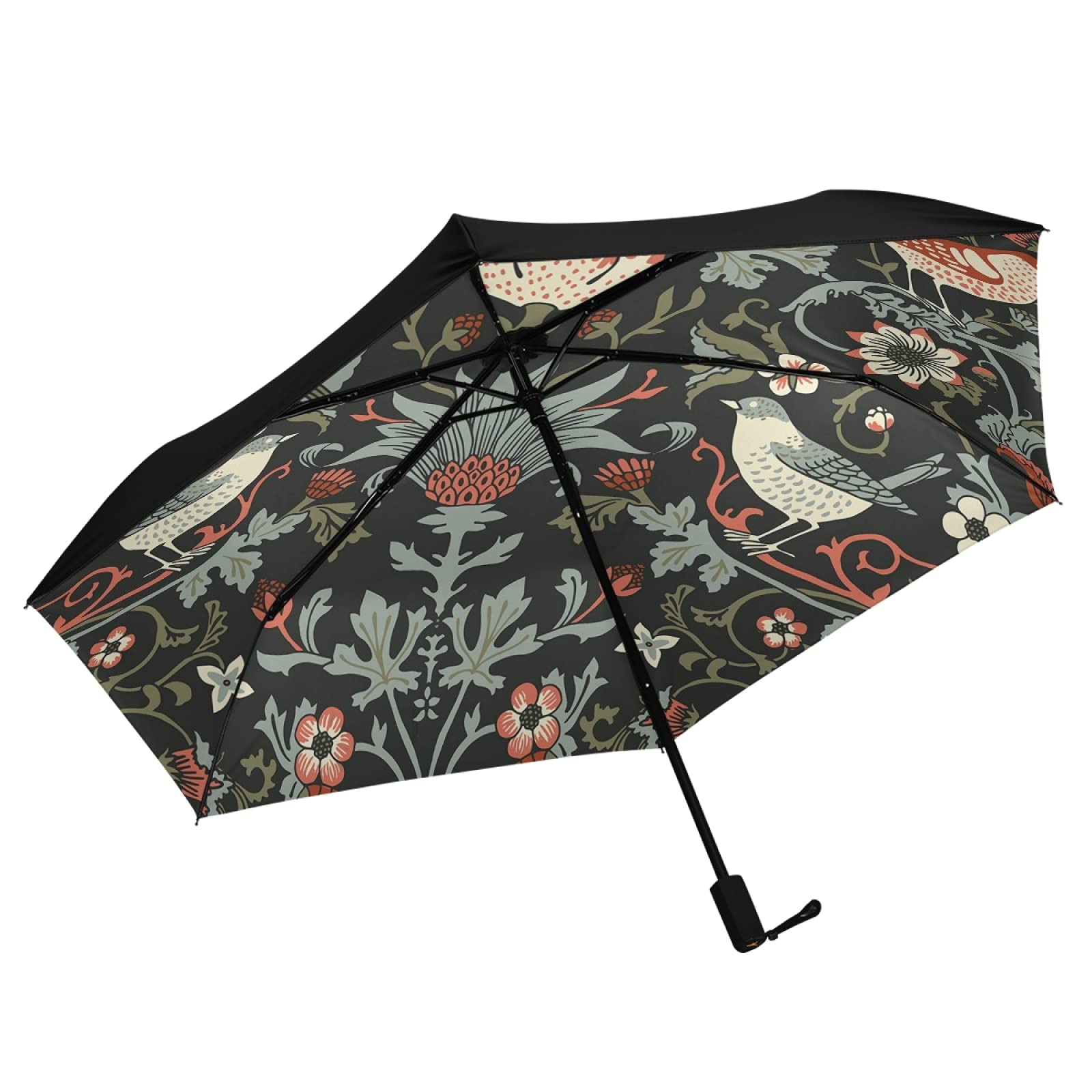 Oyihfvs William Morris Flowers Birds On Dark Inner Print Folding Umbrella, Strong Lightweight Travel Rain Umbrella, Portable Compact Sun Parasol with UV Protection