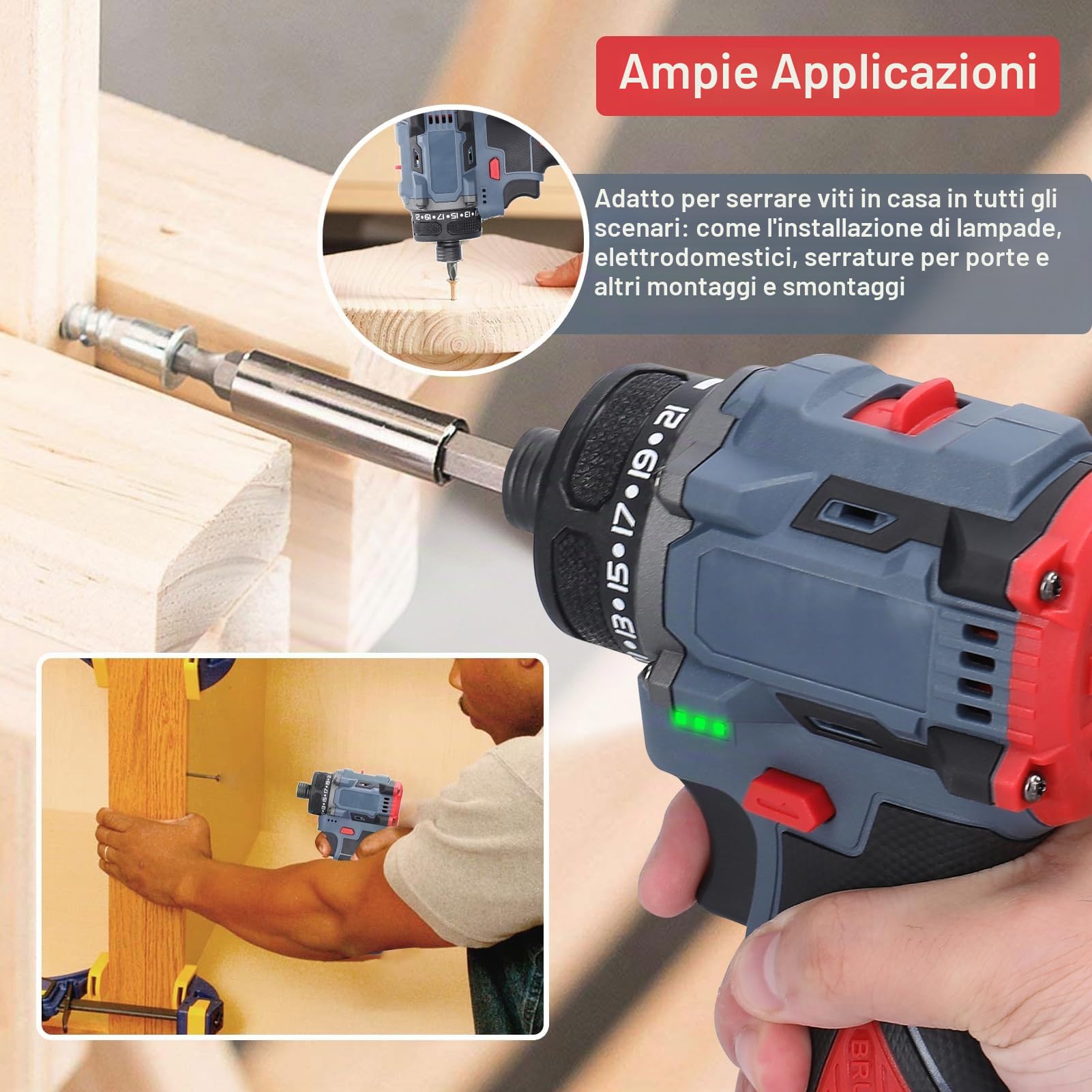 Weytoll Trapano Avvitatore Batteria 16.8V, Avvitatore a Batteria con 2 Batterie 1300mAh, Max 45Nm, 23+1 Impostazione Coppia, 2 Velocità, LED Luce per Riparazione