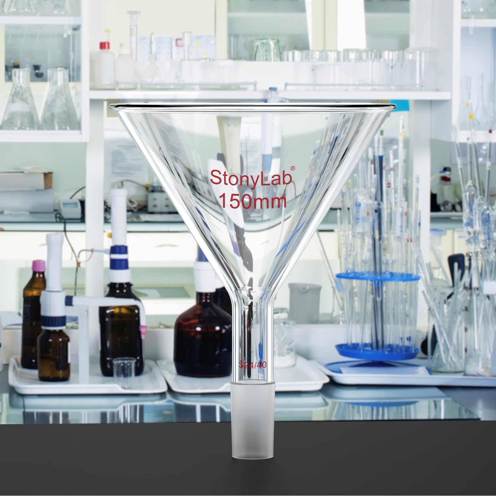 stonylab Entonnoir à Poudre en Verre à Tige Courte avec Diamètre Extérieur Supérieur de 150 mm et Joint Intérieur 24/40, pour Usage en Laboratoire Chimique Uniquement