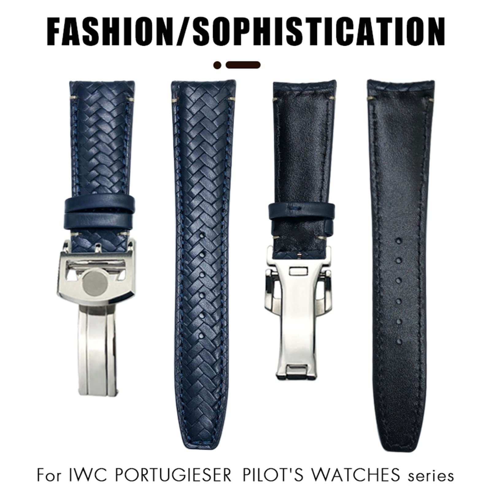 BIK Correa de reloj tejida de cuero vacuno con extremo curvado de 20 mm, 21 mm, 22 mm, apta para IWC Portugieser Pilots, correa de reloj de piel auténtica