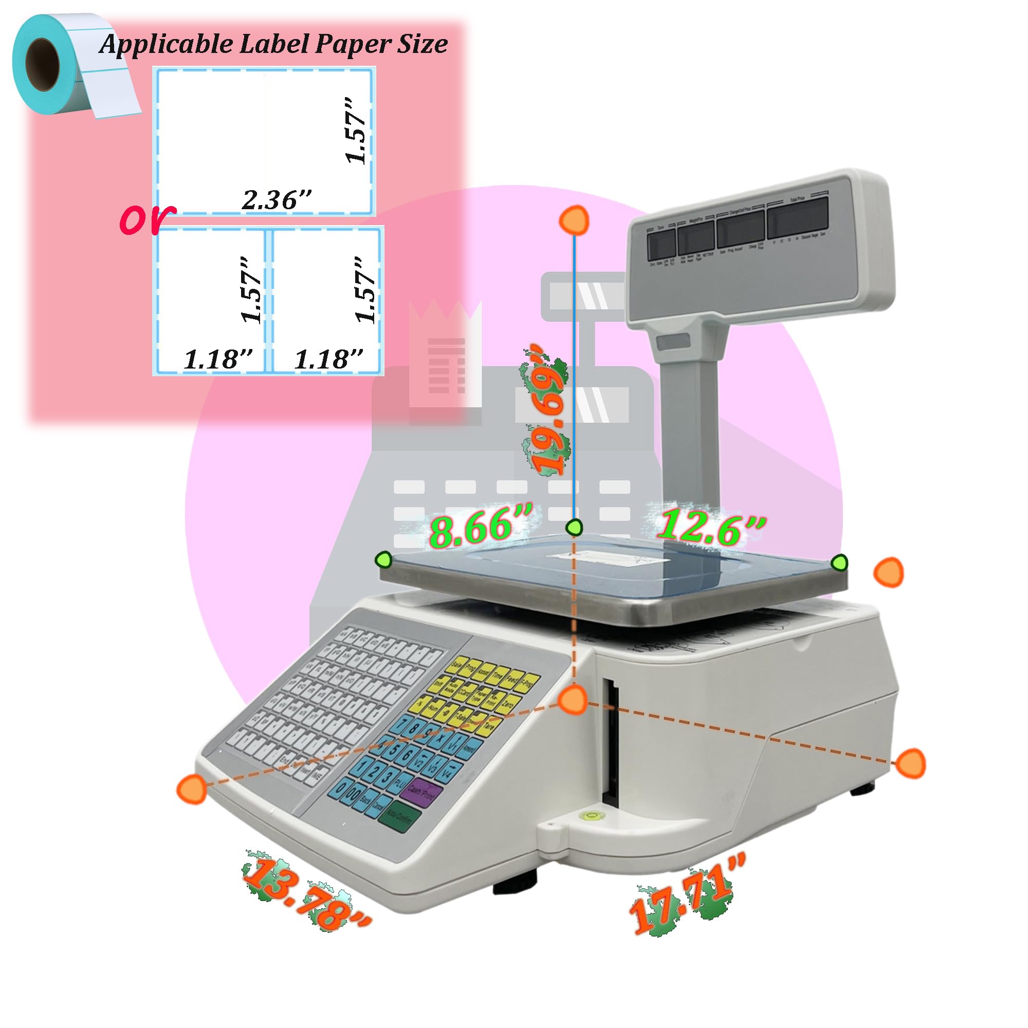 INTSUPERMAI Digital Price Computing Scale with Thermal Label Printer 30lbs Capacity Four-window with Pole Double-sided Supermarket Scale
