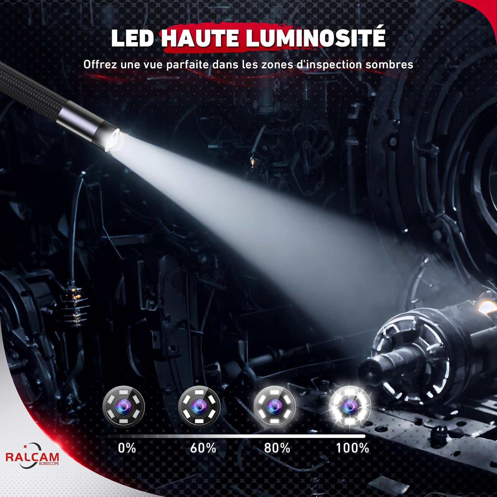 Ralcam Caméra Endoscope Industrielle 4,3" HD 1080P, 8,5mm avec 6 LED, IP67 Étanche, Endoscope Professionnel pour Tuyaux, Automobile et Maison (Sonde Flexible 1m)