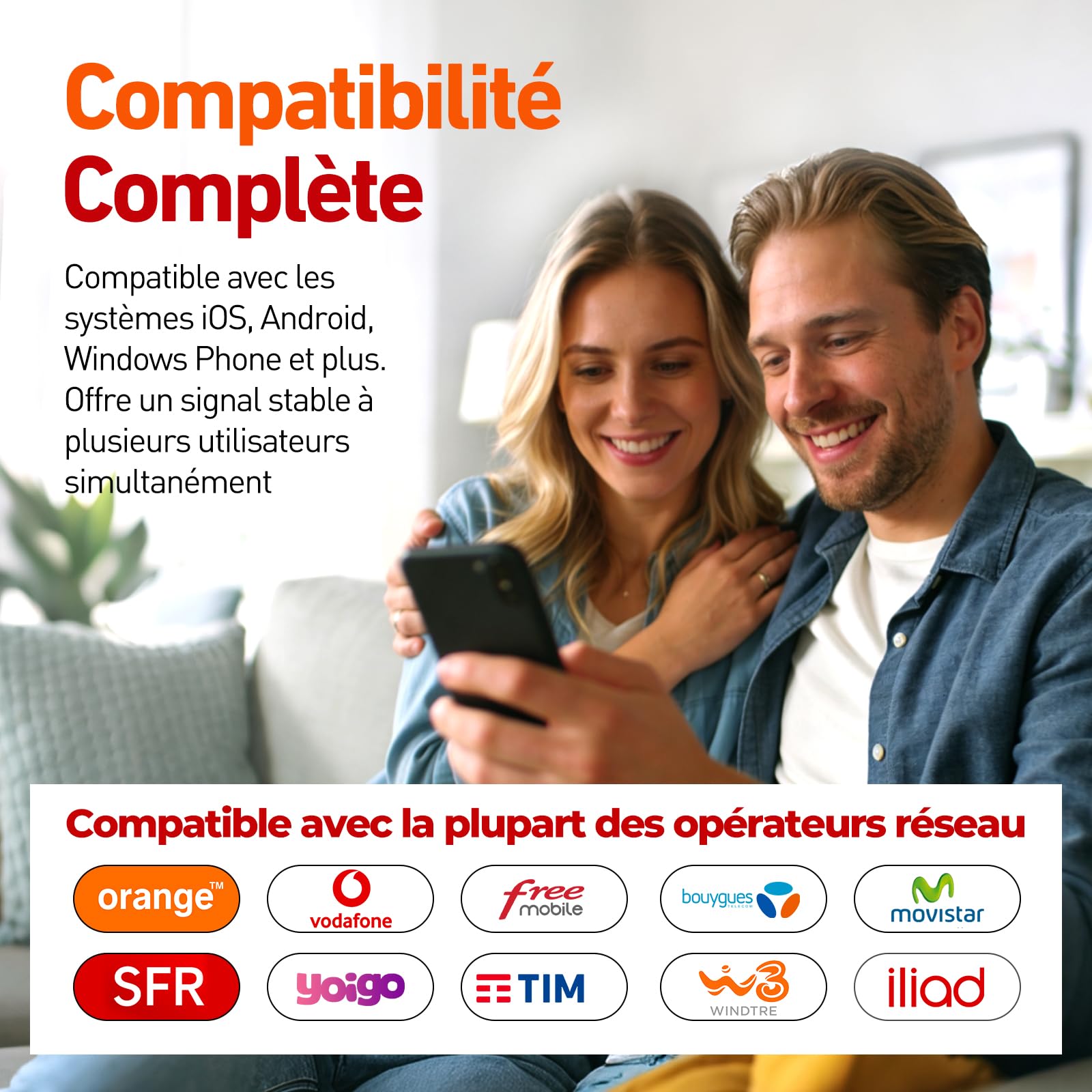 Amplificateur 5G 4G 3G GSM 5 Bandes 28/8/3/1/7 Amplificateur GSM pour Le Bureaux à Domicile 70dB Gain Répéteur de Signal Compatible Bouygues, Free, Orange, SFR