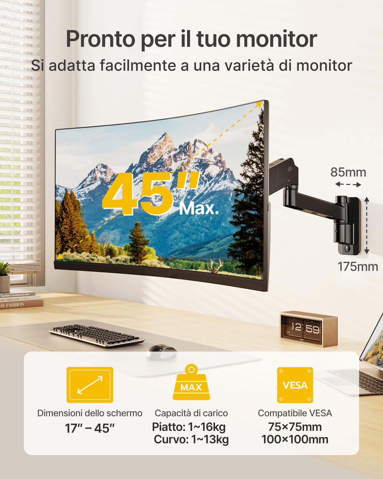 monTEK Supporto da parete per TV da 17-45 pollici, fino a 16 kg, inclinabile, girevole, regolabile in altezza, supporto da parete per monitor Full Motion, VESA 75 x 75/100 x 100 mm, nero