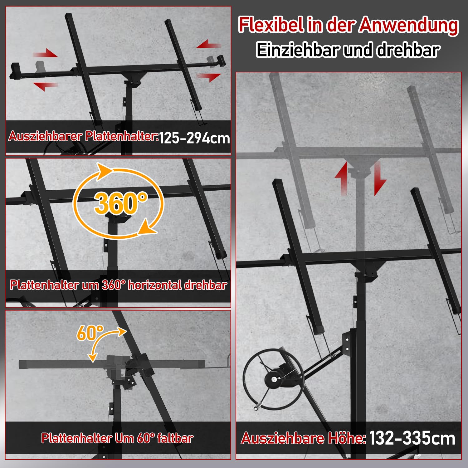 Plattenheber XXL bis 68 kg, Plattenlift für Gipskartonplatten, höhenverstellbar 1,32–3,25 m, ausziehbar 1,25–2,95 m, 360° drehbar, 60° neigbar, Trockenbau Montagehilfe, Schwarz