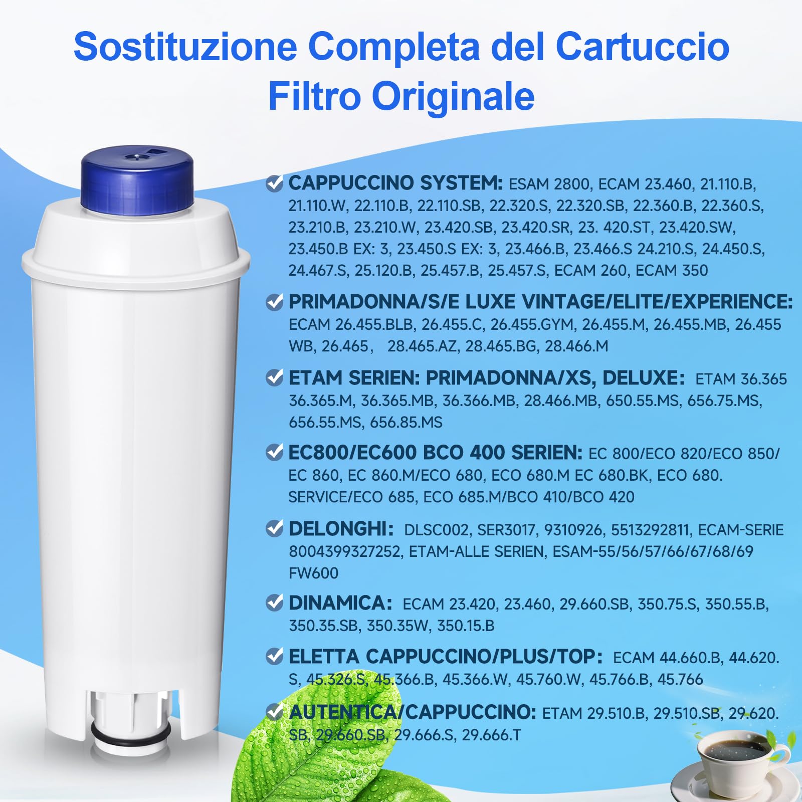 Filtro acqua, ricambio per macchine da caffè Delonghi DLSC002, compatibile con Delonghi Dinamica, Magnifica S, Eletta Explorer, ETAM Autentica EPAM e serie ECAM
