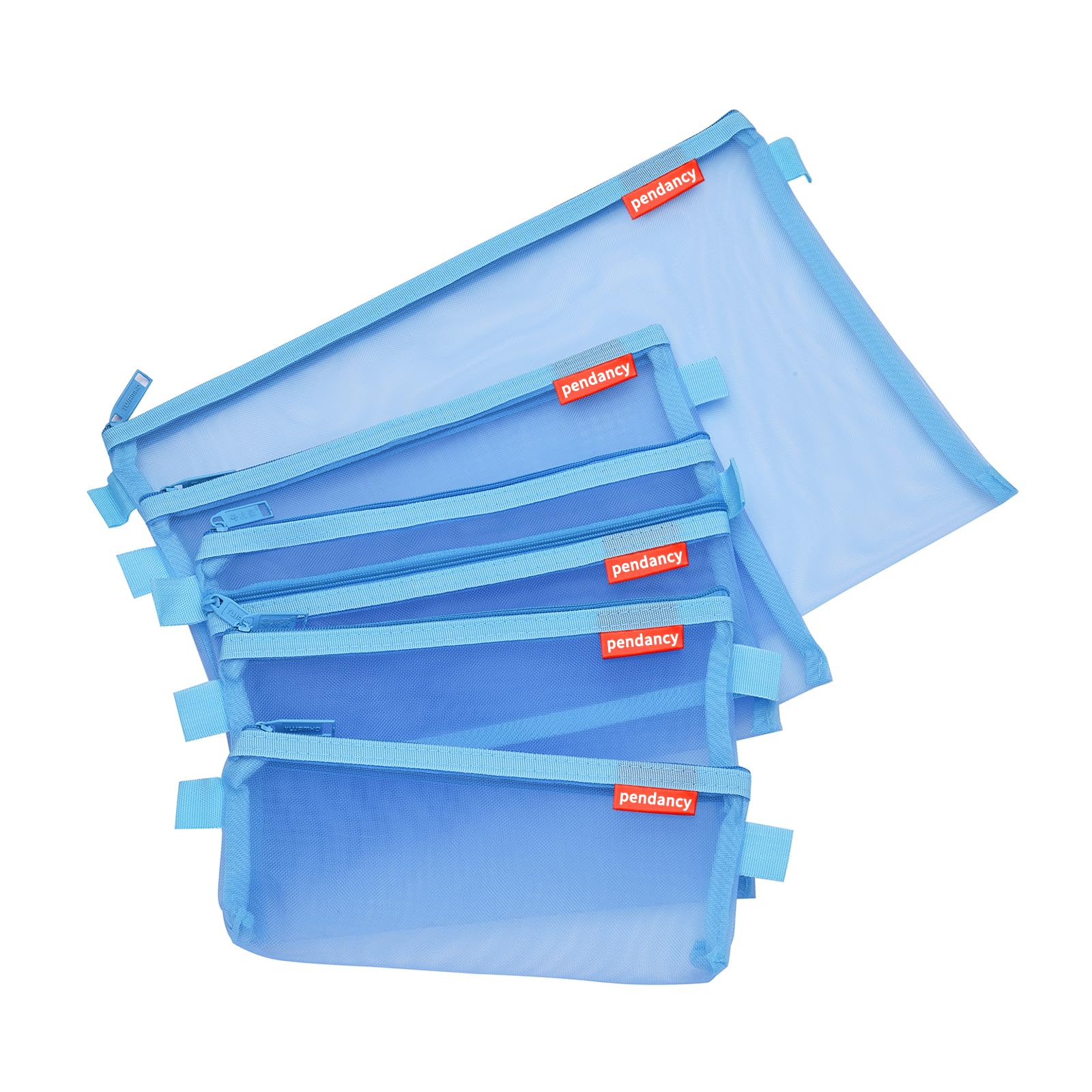 Pendancy Mesh Zipper Pouch 5pcs Lightweight Nylon File Folders Document Organizer Cosmetic Bags Accessories Storage for Travel and Office Supplies (Blue, A4 A5 A6)