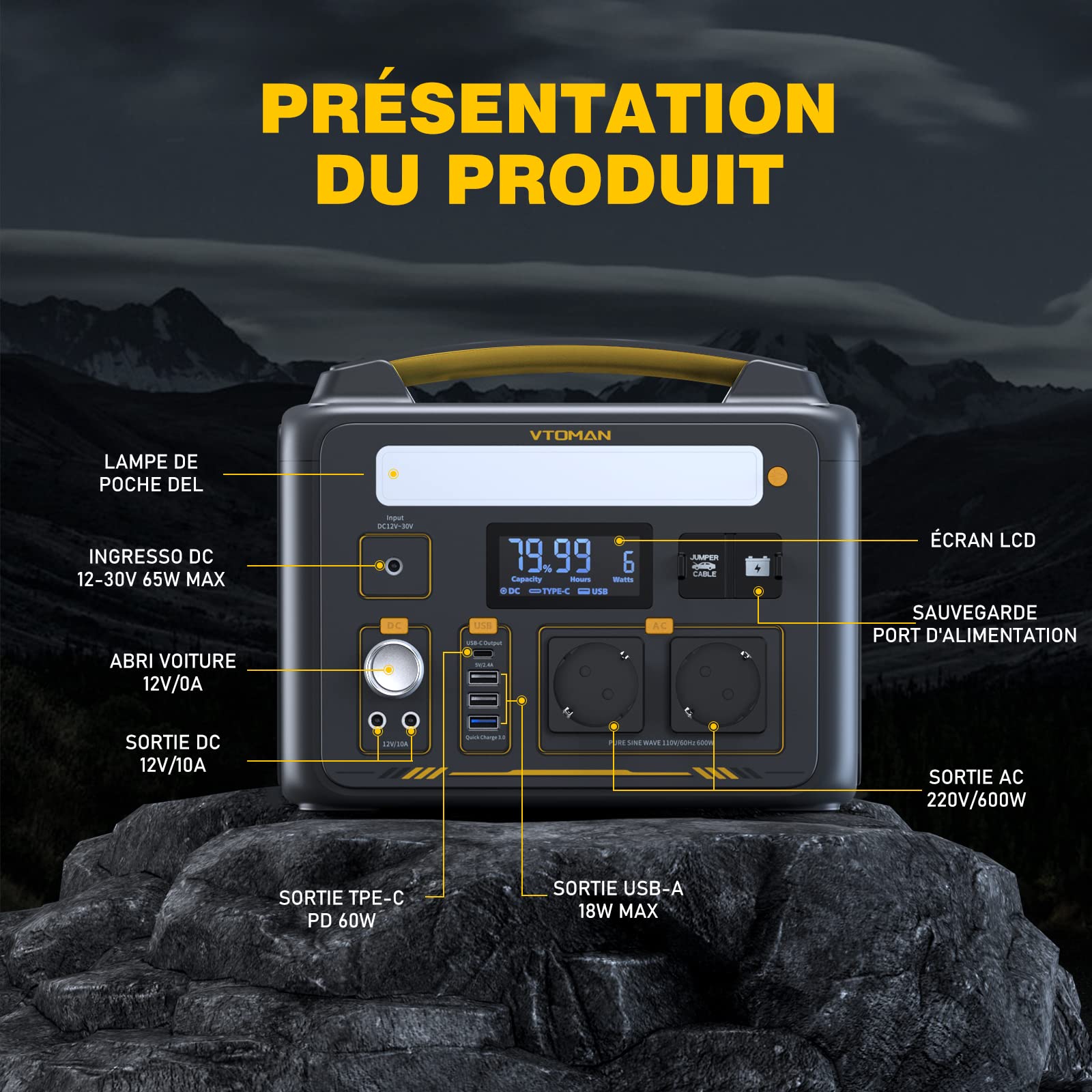 VTOMAN Jump 600X Station électrique Portable avec 110W Panneau Solaire | 600W/299Wh Générateur Solaire LiFePO4 Batterie électrique Générateur, PD 60W Typ-C Sortie/USB QC 3.0 Sortie, pour Camping