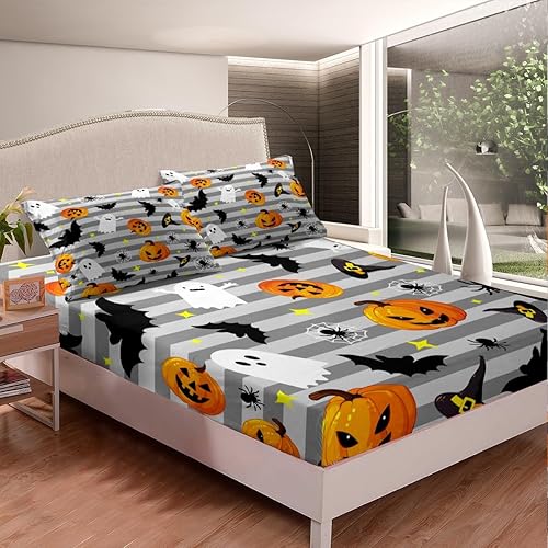 Miniatura 2 de Manfei Sábana bajera ajustable de Halloween, tamaño individual, fantasmas, calabaza, farol, murciélago, araña, juego de ropa de cama de 2 piezas