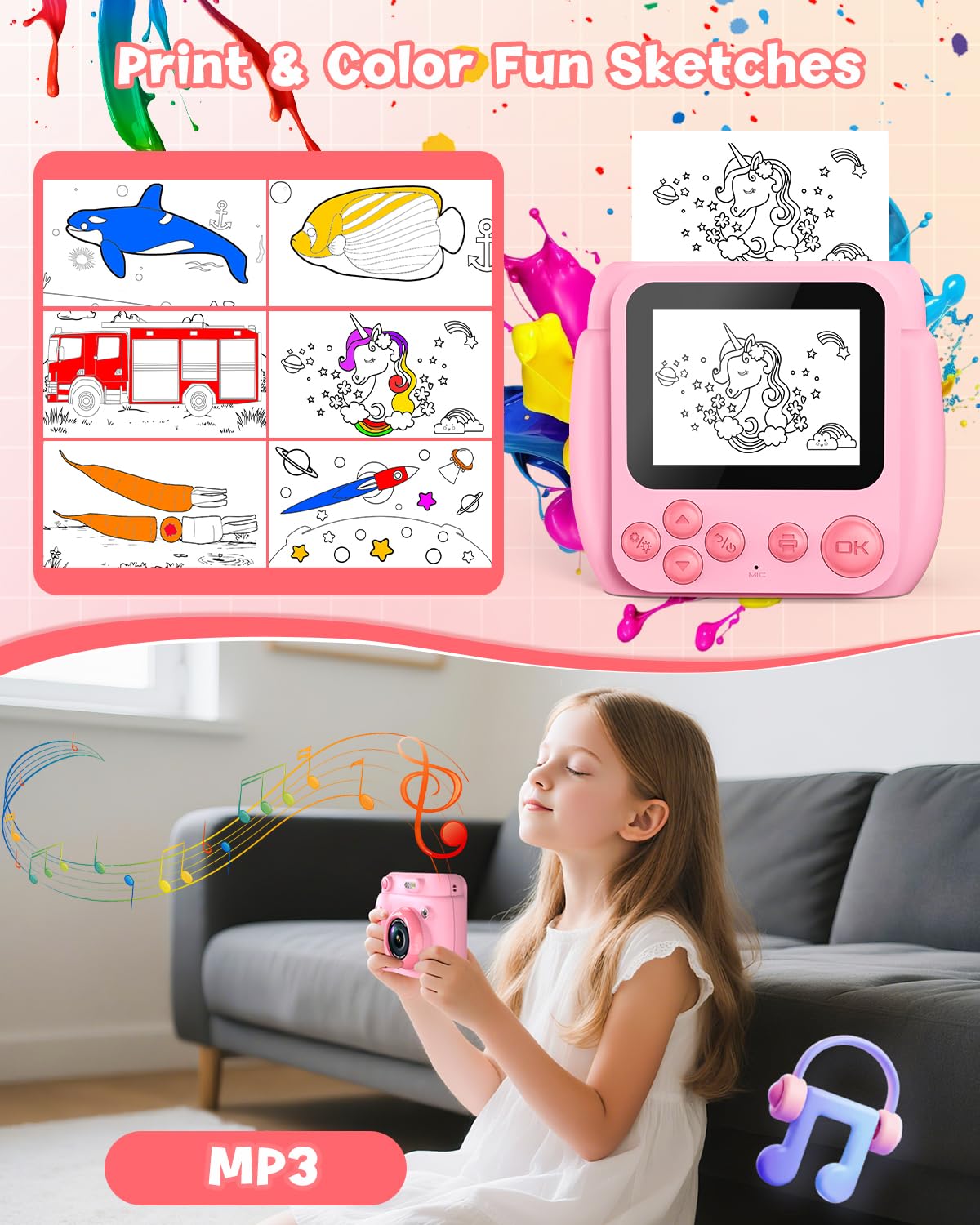 Gofunly Macchina Fotografica Bambini Istantanea, 2,4 Pollici Schermo Fotocamera Istantanea per Bambini con 32GB Scheda, 1080P HD Fotocamera Digitale Regalo per Ragazze Ragazzi da 3-12 Anni