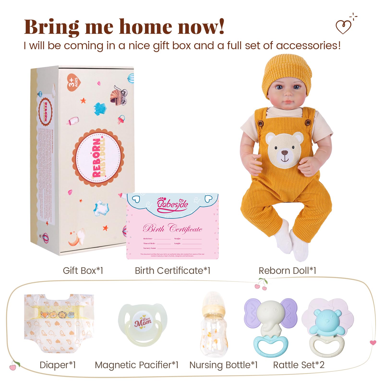 BABESIDE Bambole Reborn Maschio - 20 Pollici Bambola Realistica con Corpo in Tessuto Morbido, Bambole Neonata con Outfit & Accessori, Adatta ai Vestiti per Neonati, Regalo per Bambini 3+