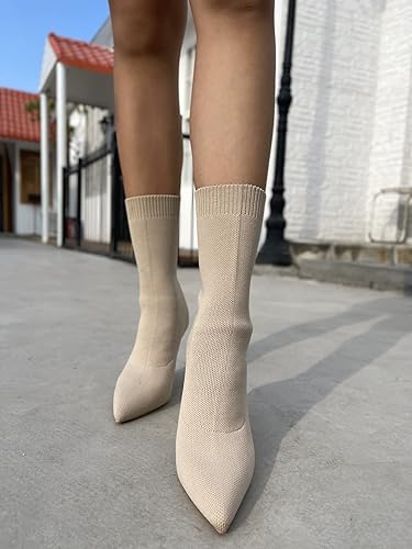 Miniatura 2 de Jeesay Botas de tobillo sexy con punta puntiaguda para mujer, tacones altos de aguja a media pantorrilla, zapatos de punto elástico, cálidos..