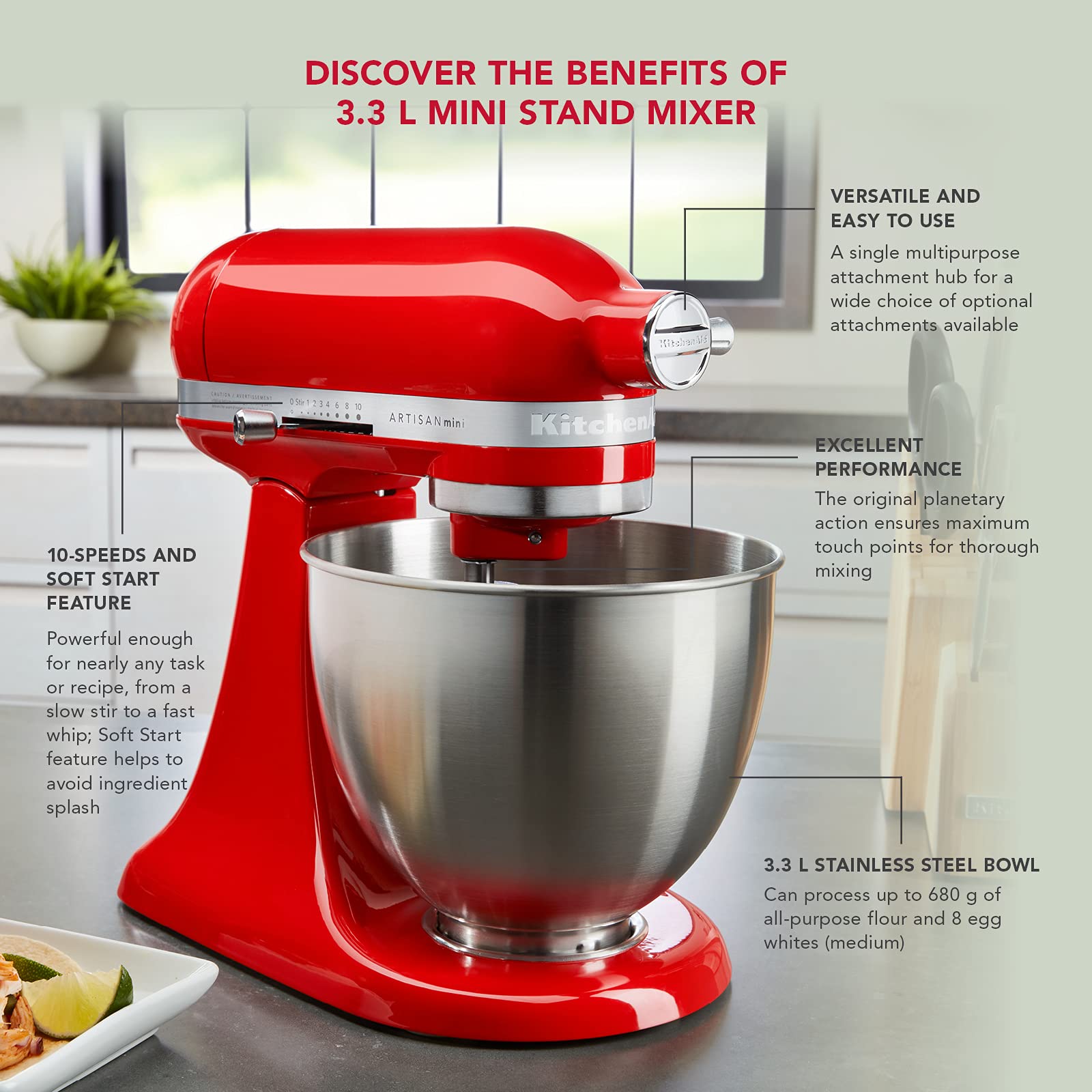KitchenAid 3.3L Mini Tilt-Head Stand Mixer, Hot Sauce,5KSM3311XBHT 