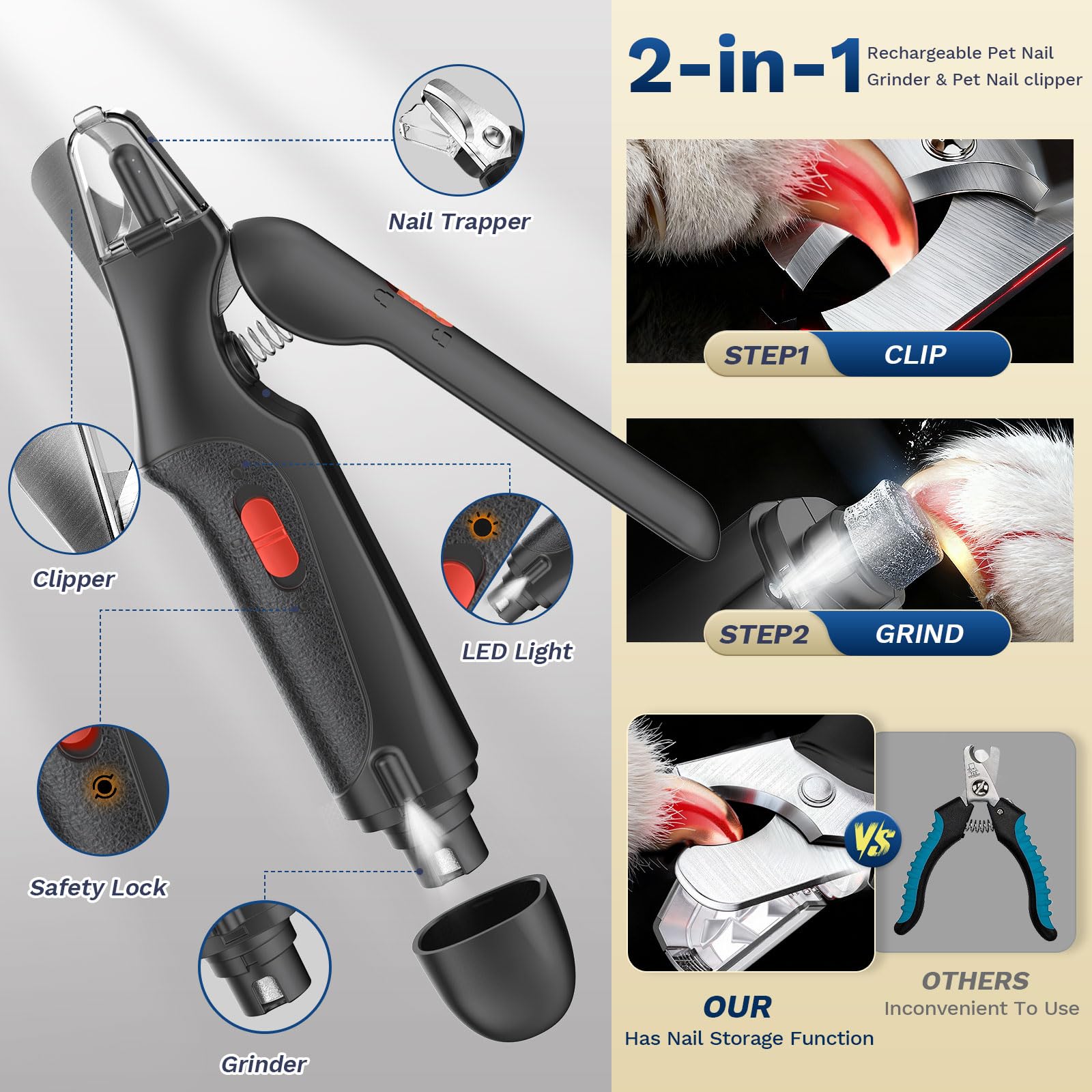 2 in 1 Dog Nail Clippers & Cat Nail Clippers Trimmers for Large Medium Small Dogs Cats Claw Trimmer Quick Sensor and Safety Guard USB Rechargeable Dogs Nail Trimmer with Catcher & 2 LED Lights - image 2