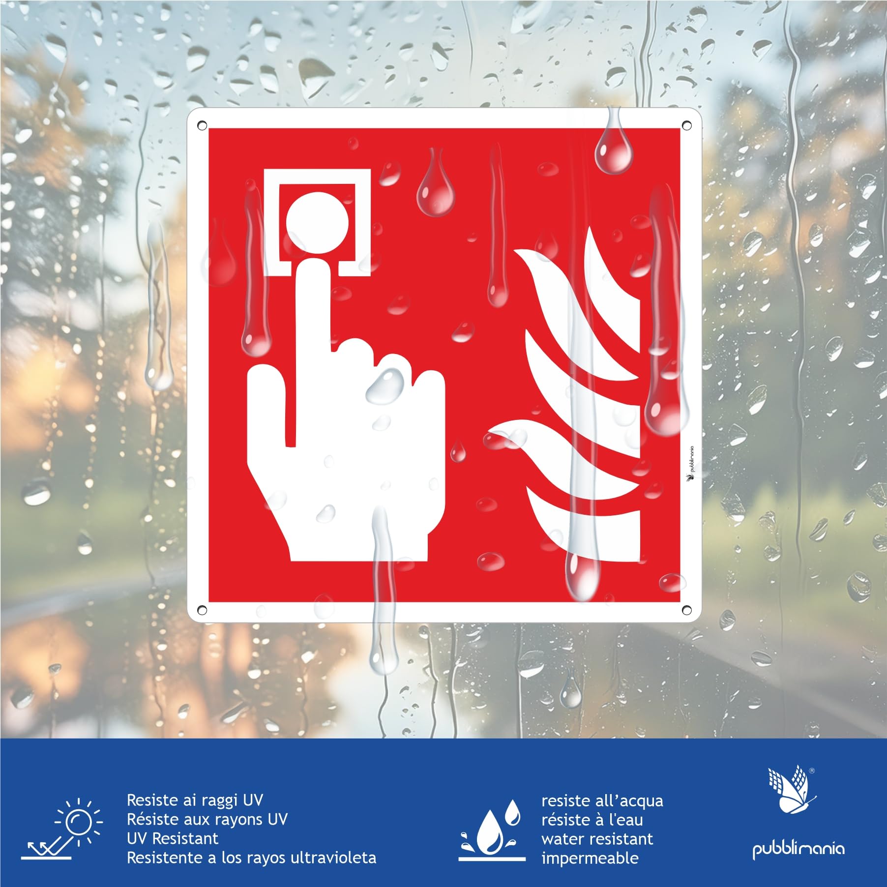 Pubblimania PULSANTE ALLARME INCENDIO | Emergenza e sicurezza in alluminio composito da 3 mm di spessore (Cm 14,5x14,5) (Allarme Incendio)