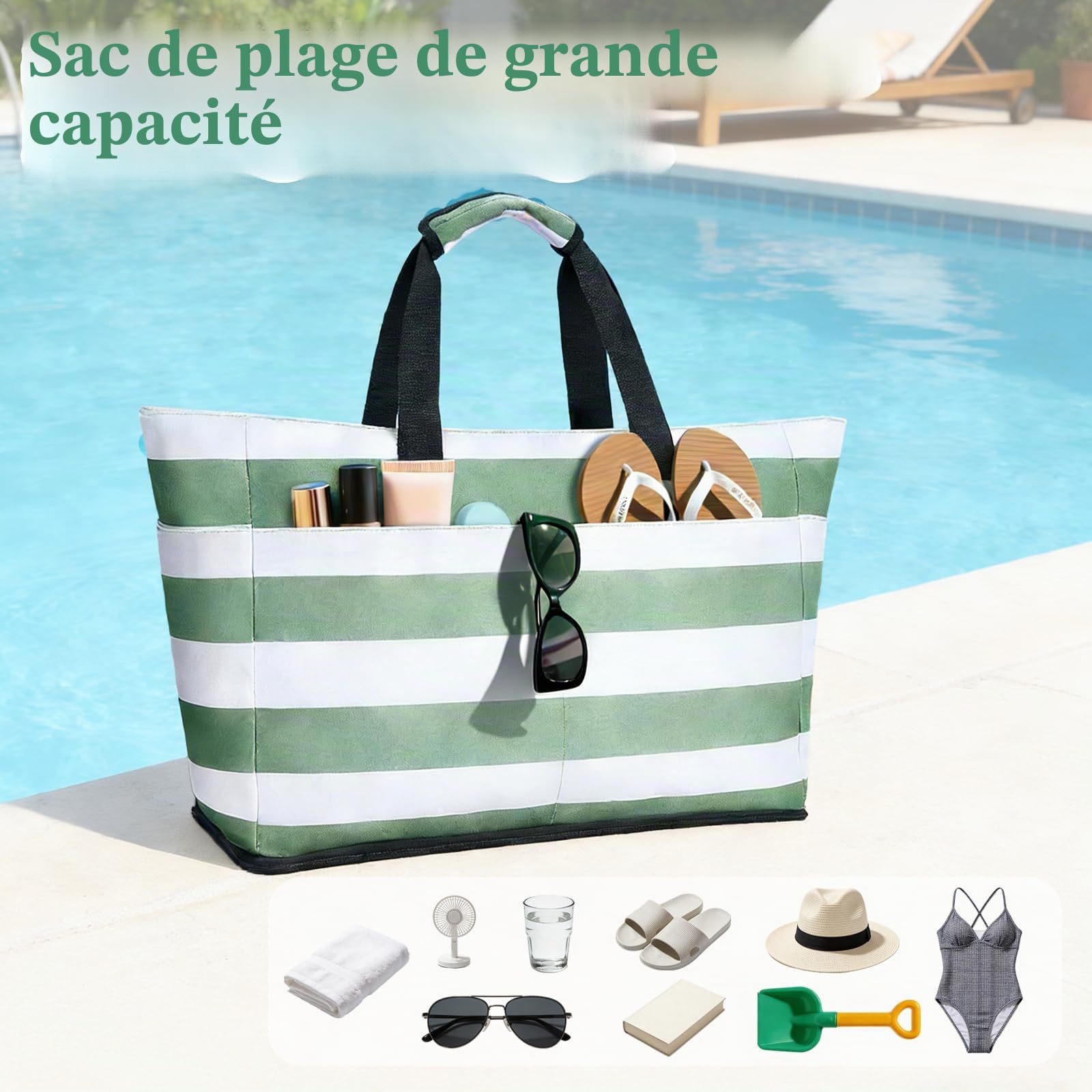 Sac de Plage Sac Fourre Tout Sacs de Plage, Sac Plage Pliable et Léger, Cabas Plage Pliable Léger, Grand Sacs de Plage Femme avec Démontable Sac Isotherme