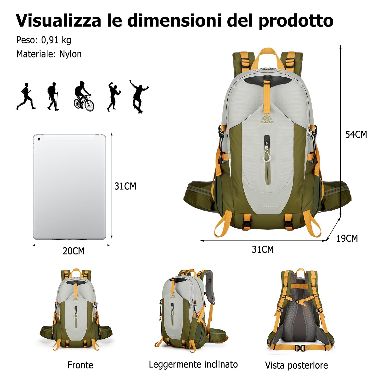 40L Zaino da Trekking Zaino Impermeabile Grande Zaini Leggero Hiking Nylon Campeggio Backpack per Donna Uomo Viaggio Sport Verde Scuro