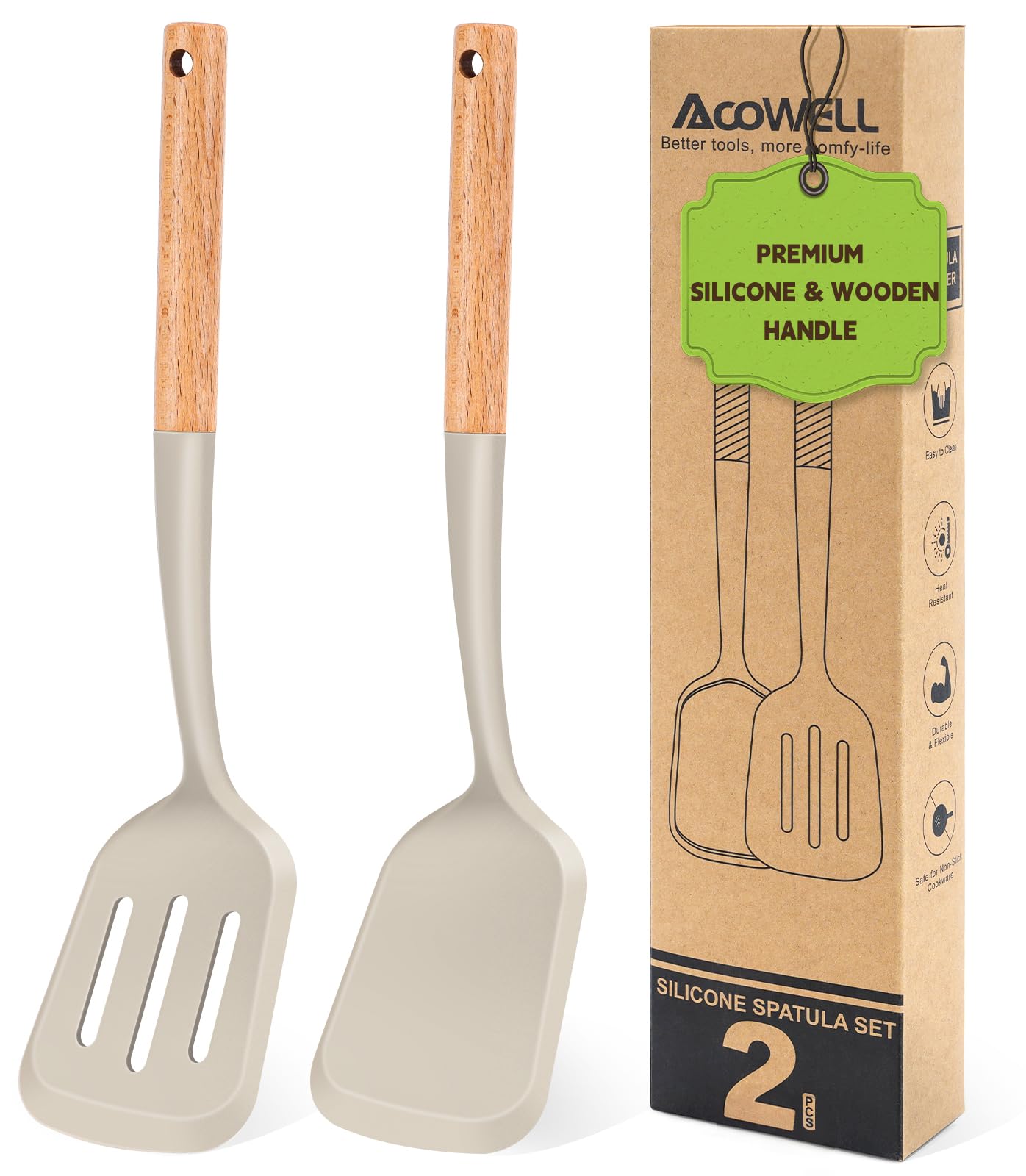 Pack of 2 Silicone Spatula Set with Elegant Wooden Handle, Heat Resistant Solid & Slotted Turner for Non Stick Pans, Great Kitchen Spatulas, Cooking Utensils for Sautéing, Frying and Flipping