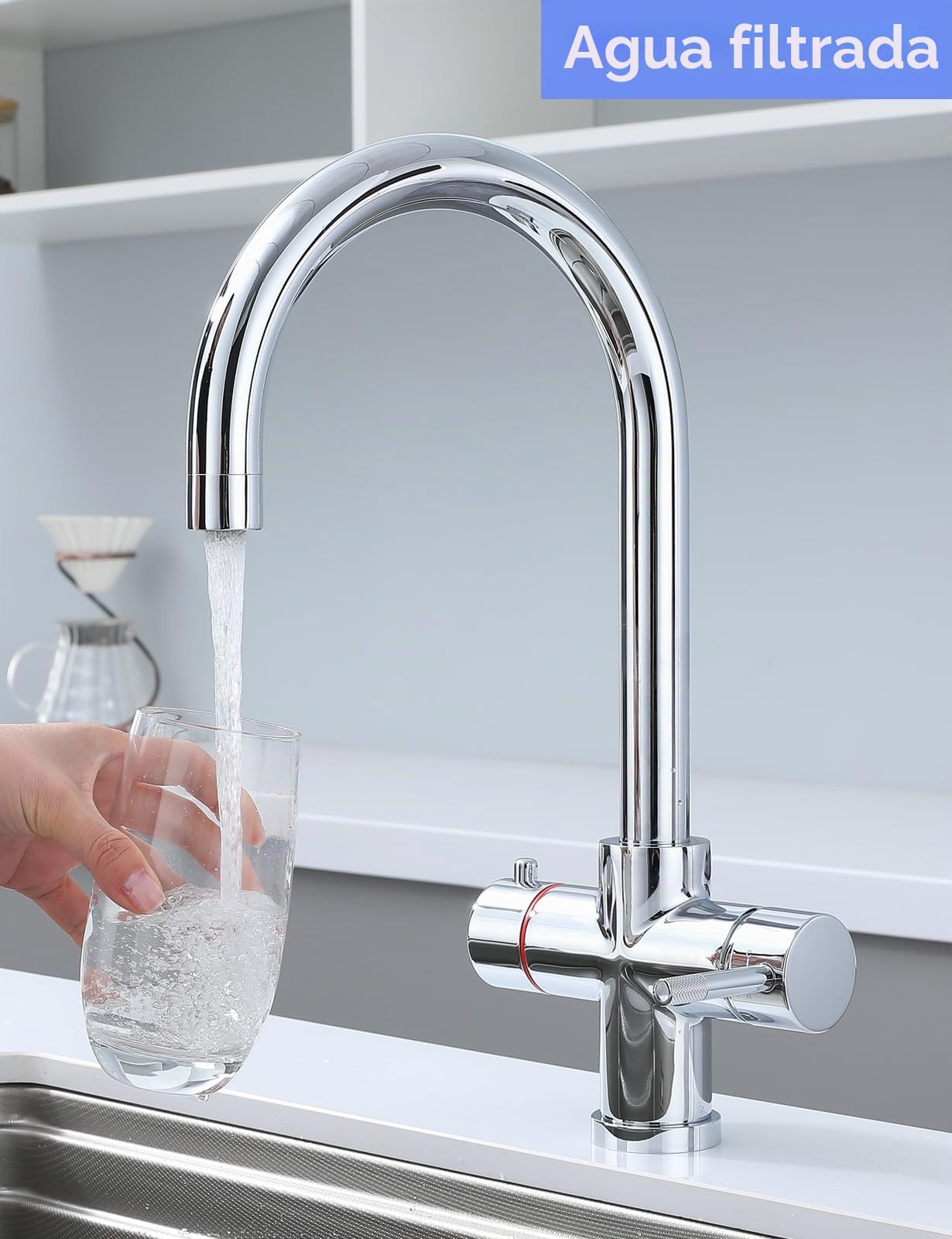 Grifo de agua hirviendo 4 en 1 con agua filtrada fría, mezclador caliente y frío, grifo de cocina de latón macizo, grifo de agua caliente instantáneo con bloqueo de seguridad infantil (sin