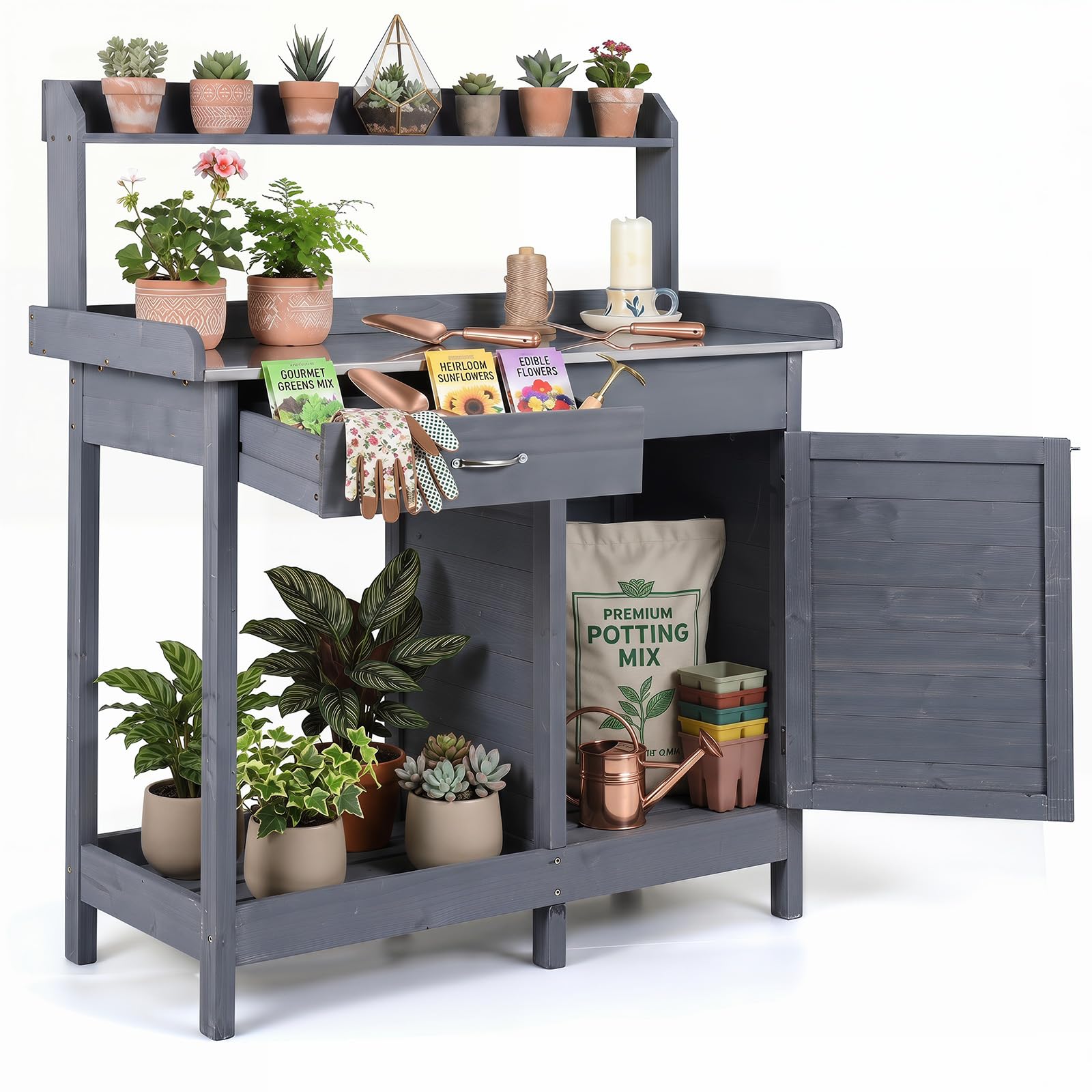RELAX4LIFE Pflanztisch Outdoor, Gartentisch Holz mit Schubladen, Unterschrank, Edelstahlplatte & Haken, Gartenschrank Wetterfest, Gartenarbeitstisch für Garten & Balkon, 112 x 46,5 x 125 cm (Grau)