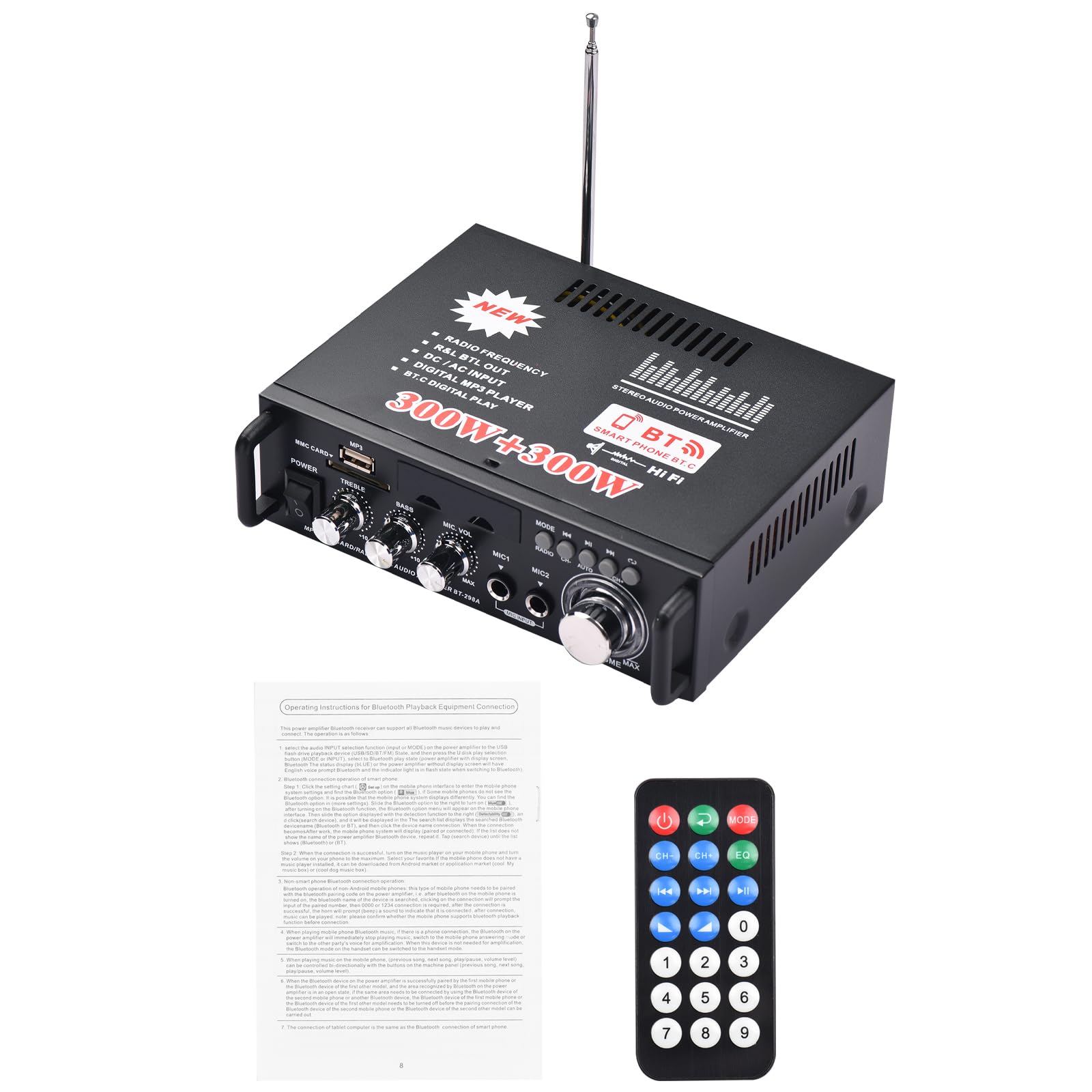 Docooler 600W Amplificatore Audio,HiFi Audio Stereo Bluetooth Radio Portatile per Auto o Casa, con Telecomando ed Mini Display 2CH LCD, 12 V / 220 V