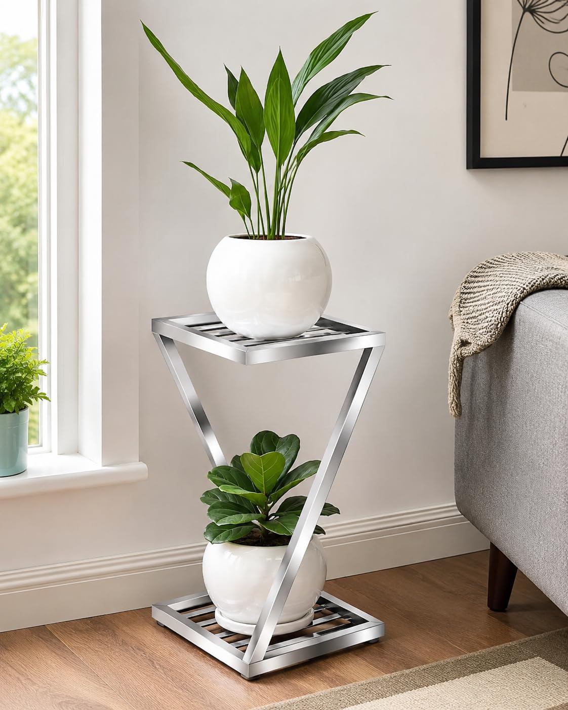 Steelness Steel Z/X Shape Double Pot Plant Stand | Heavy Duty 2 Tier Flower Pot Rack | Rust Proof Indoor & Outdoor Steelness Steel Planter Stand for Balcony, Living Room, Garden | Silver-image-8