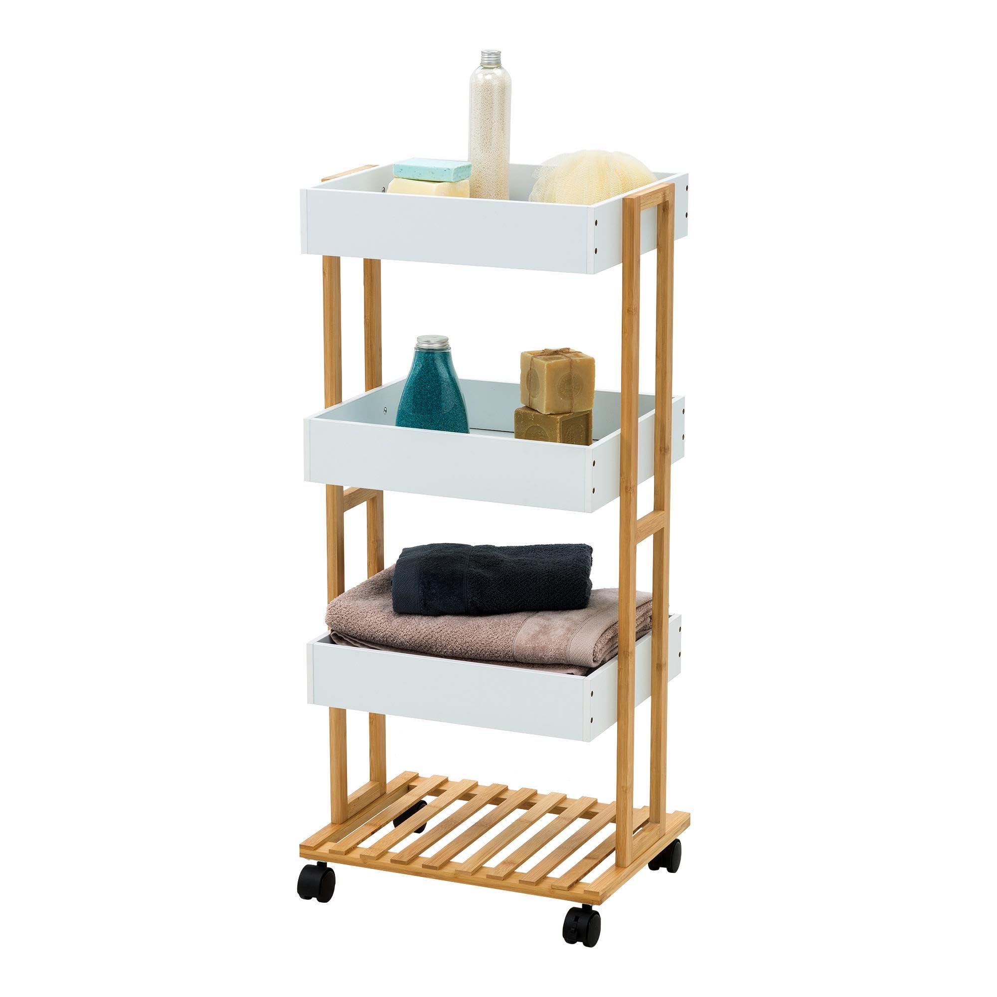 Well Home Carrello portaoggetti in bambù con 1 ripiano e 3 vassoi di colore bianco 40x30x87,5cm