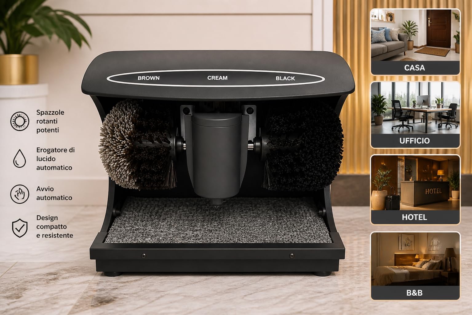 GrecoShop Pulisci Pulitore scarpe Lucidascarpe Lucida scarpe Elettrico Automatico Professionale con Doppia Spazzola, Induzione Sensibile, Basso Rumore – Ideale per Casa, Hotel e Uffici