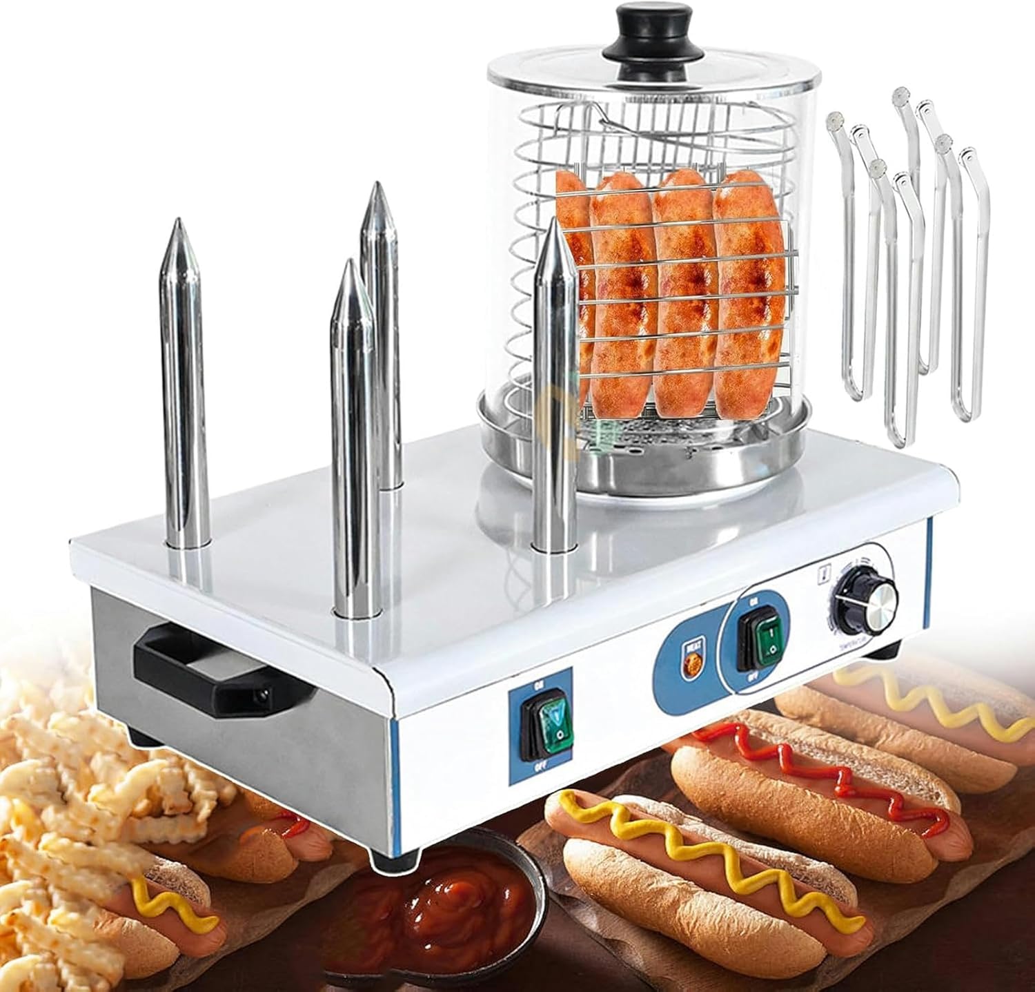 Hot Dog Roller Machine 550W/1200W | Bread Heater Sausage Warmer | with Heating Aluminum Rod and Detachable Cover