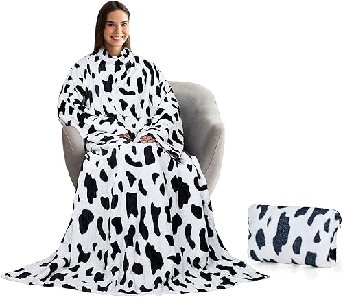 Tirrinia Manta con mangas y bolsillo, manta de felpa súper suave con mangas de forro polar para adultos con estampado de vaca, ideal disponible en Yaxa Peru