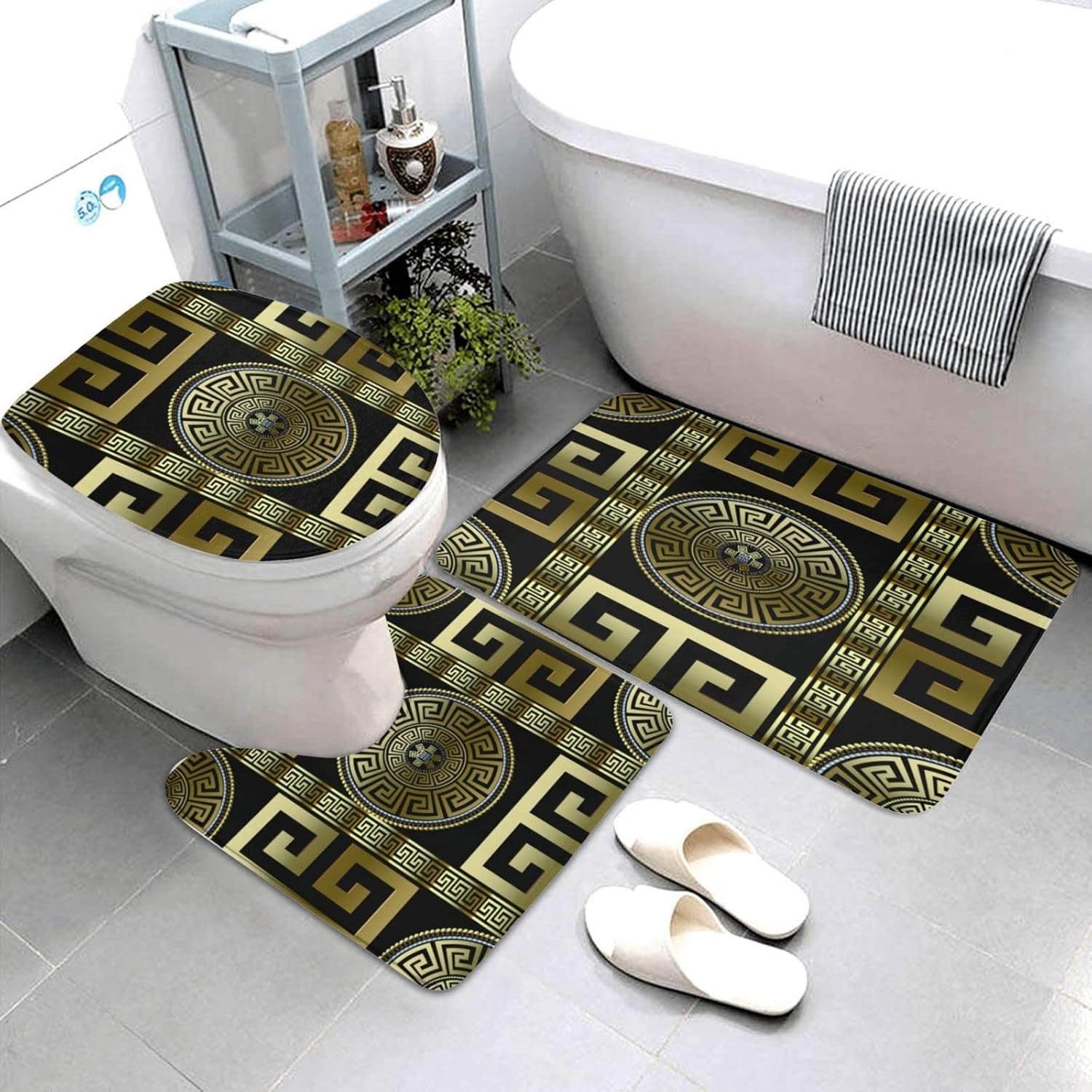 3 Piece Bath Mats Geometric Black Gold Greek Key Meander Waterproof Non Slip Bath Mat Set, Washable Rug for Bathroom Shower Curtain Liner Set-3-Piece Set
