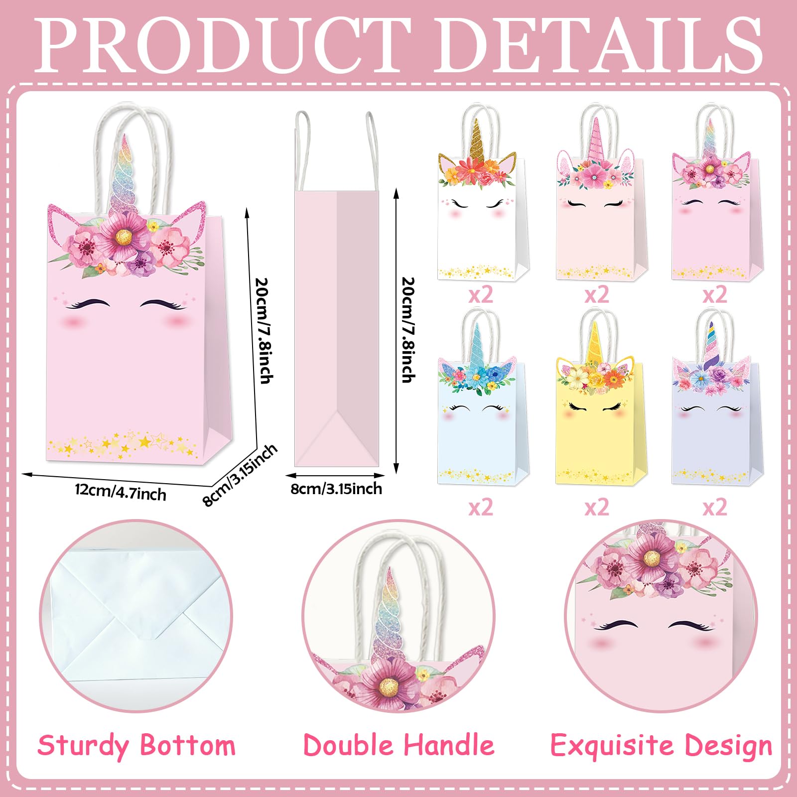 ZOIIWA 12Pcs Unicorn Party Favor Bags Rainbow Themed Treat Bags Pastel Unicorn Candy Goodie Bag Princess Paper Gift Bag with Handle Decorations for Birthday Baby Shower Wedding Party Decor Supplies