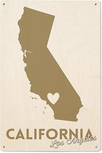 Lantern Press 6x9 Inch Wood Sign, Ready to Hang Wall Decor, Los Angeles, California, State Outline and Heart (Gold)