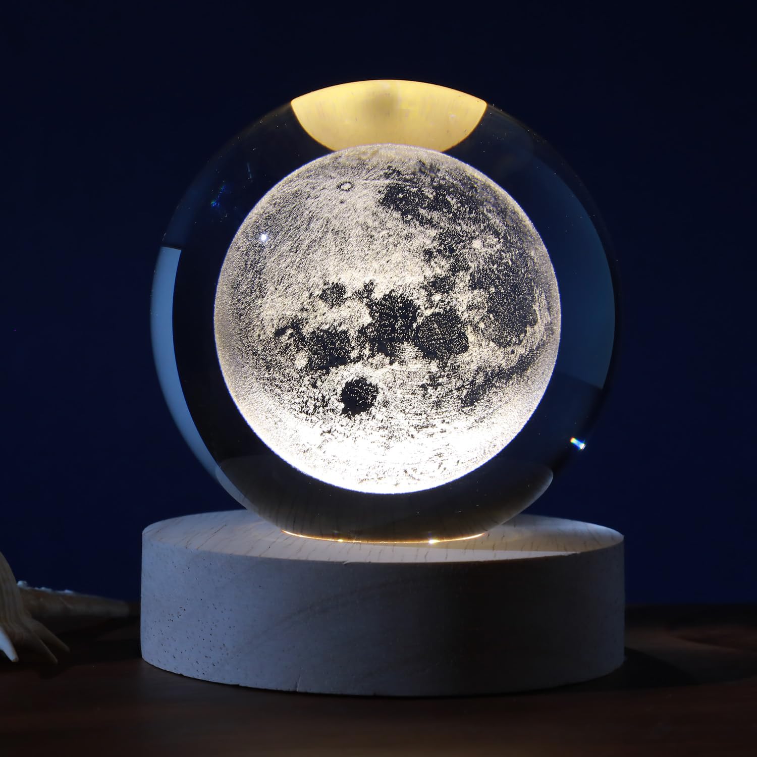 Luna Notturna 3D Con Base Legno - Lampada Sfera Cristallo Con LED - Regalo Creativo Per Bambini - Foto 6