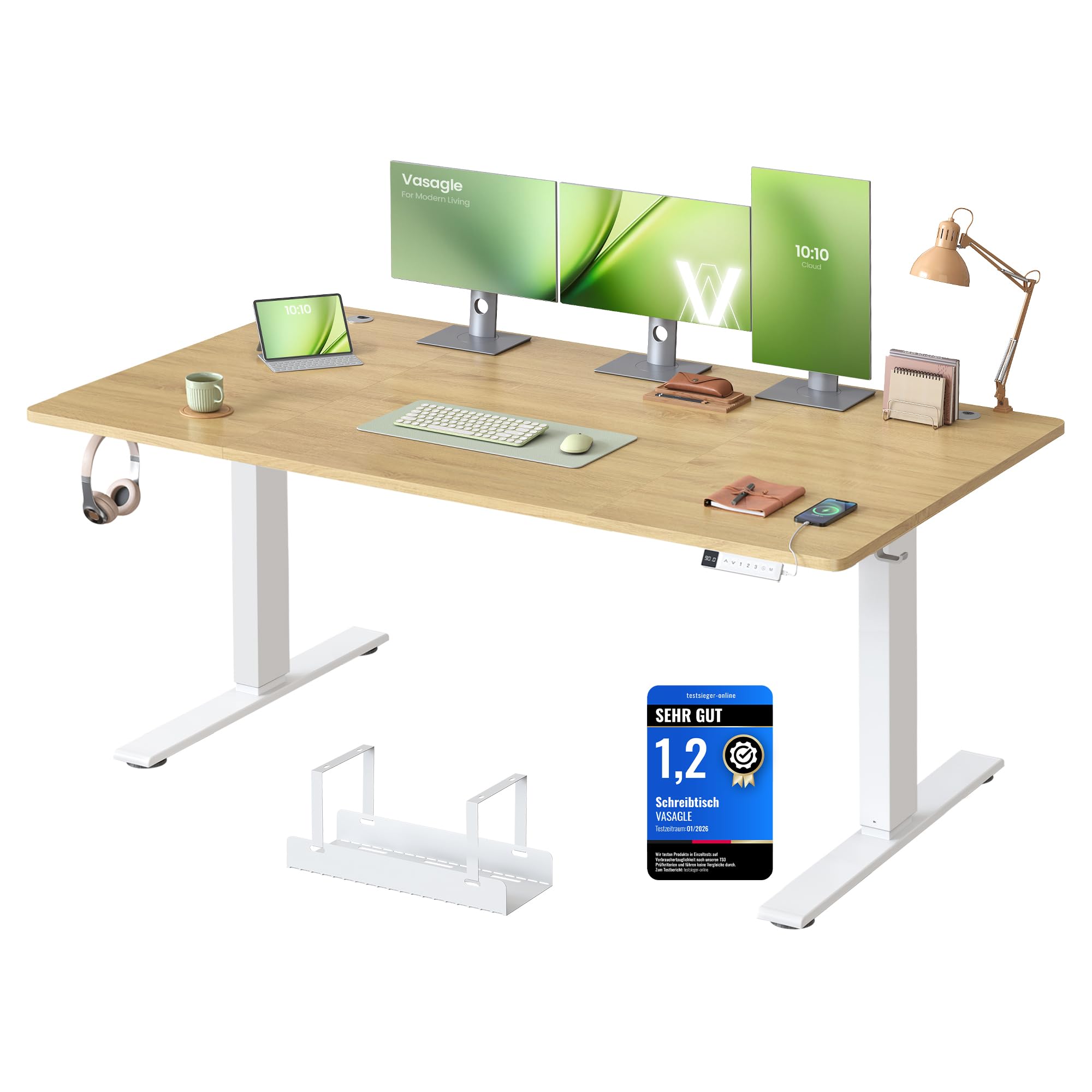 VASAGLE Höhenverstellbarer Schreibtisch, 160 x 80 cm, USB-C-Anschluss, Ablage für Steckdosenleiste, Stehtisch, Erinnerung bei langem Sitzen, 3 Speichertasten, für Büro, goldeichenfarben LSD146YA02