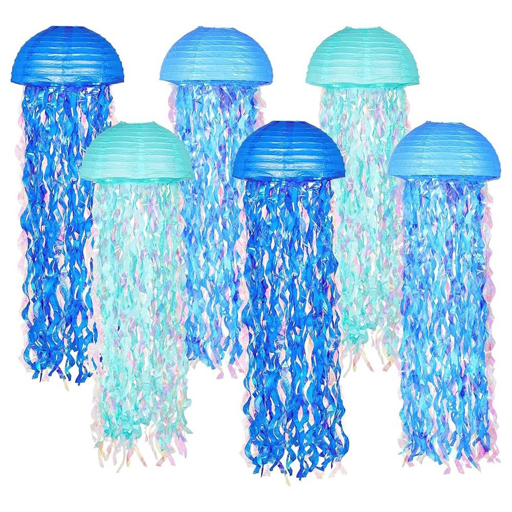 CTRLZS For Under the Sea Party& Mermaid Birthday Decorations, Blue Hanging Jellyfish Paper Lanterns, Set of 6
