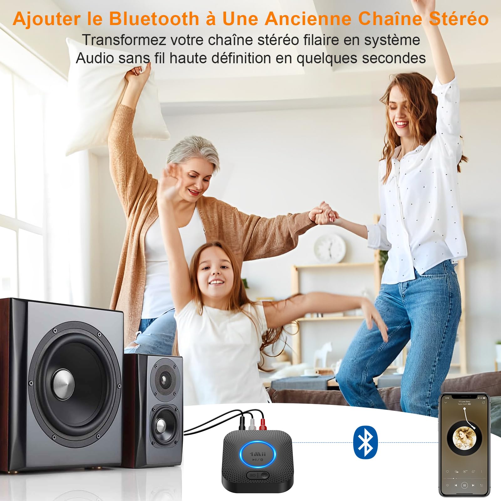 1Mii B06+ Recepteur Bluetooth, Adaptateur Bluetooth 5.3 pour Système Stéréo Domestique, avec aptX HD/Adaptive,3D Surround, Récepteur Bluetooth pour Haut-Parleurs
