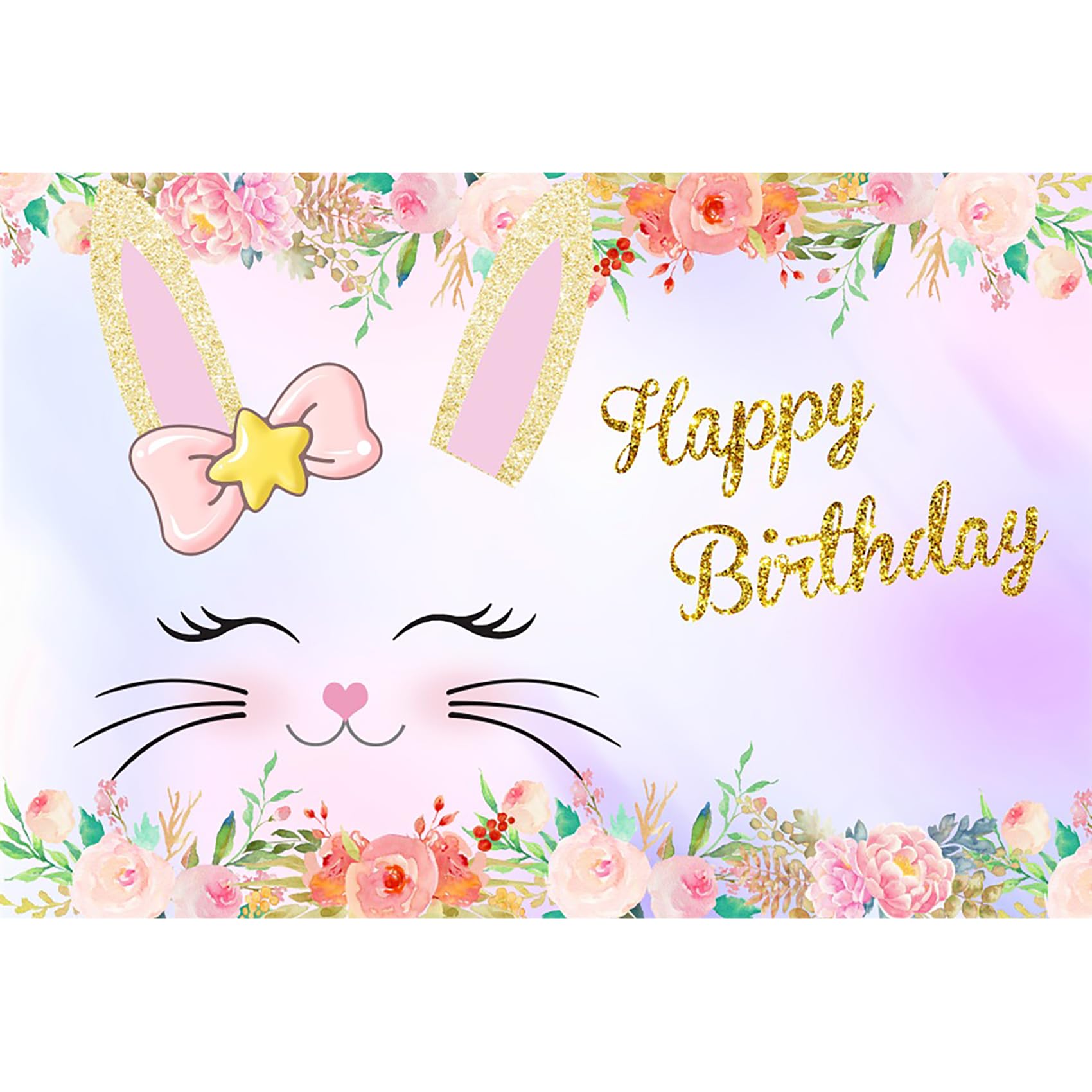 5x3ft Vinyl Happy Birthday Backdrop Blooming Flower Photography Background Cute Smiling Cat Head Birthday Celebration Party Backdrop Children Baby Girls Portraits Photo Studio