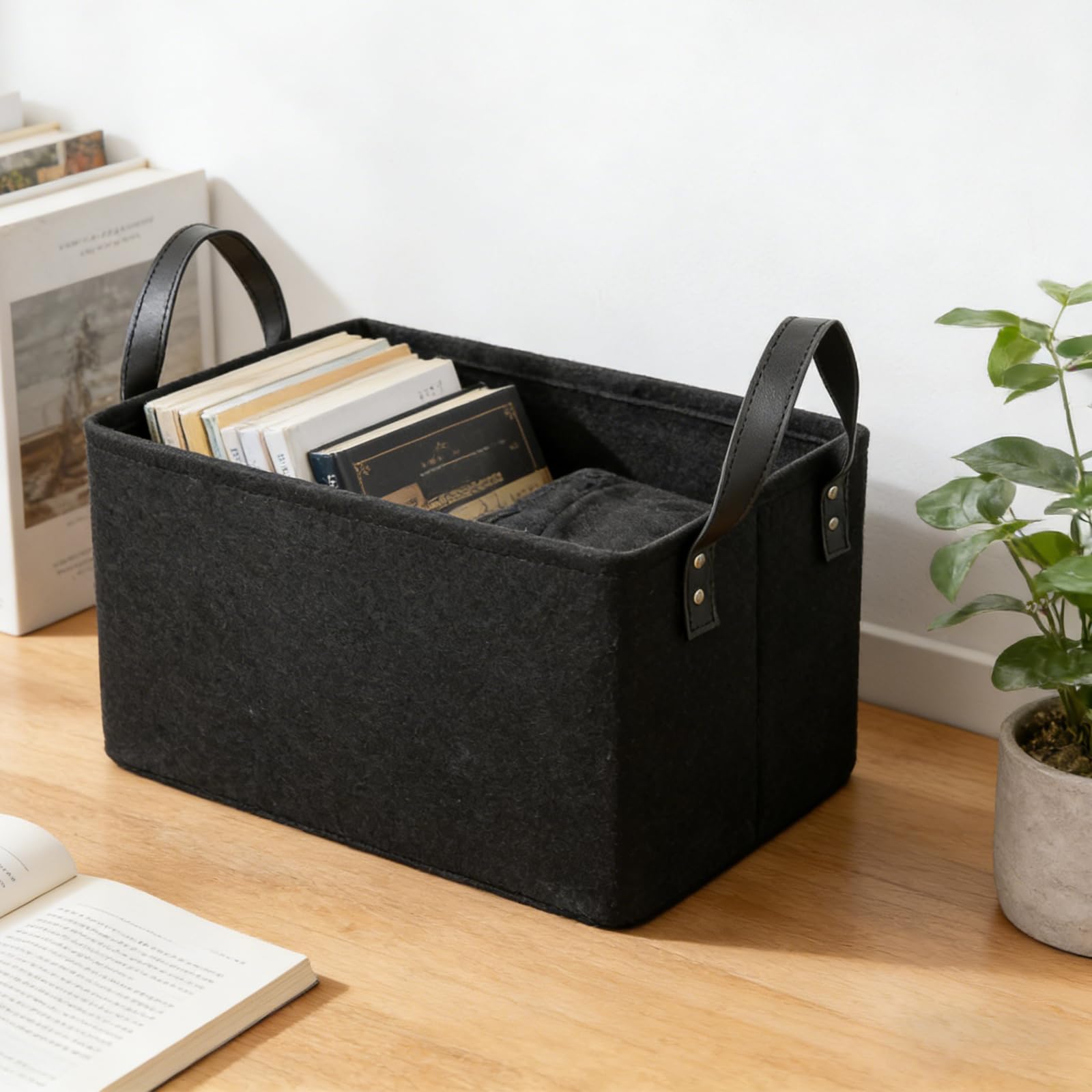 Lot de 3 paniers de rangement pliables en feutre avec deux poignées, panier de rangement pour vêtements, magazines, journaux - Noir