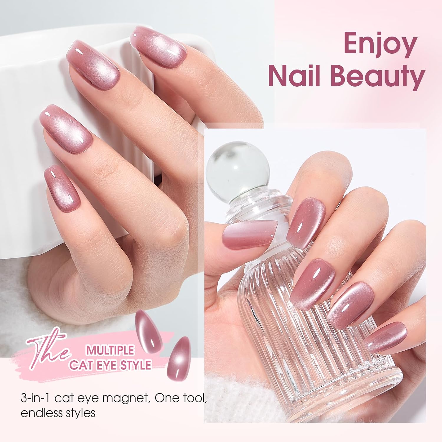 3-in-1 Cat Eye Magnet for Nails Multi-Functional Double Head Rotating Ball Magnetic Stick for Cat Eye Gel Polish, Strong Cateye Magnets Nail Art Tools for Women, Pink
